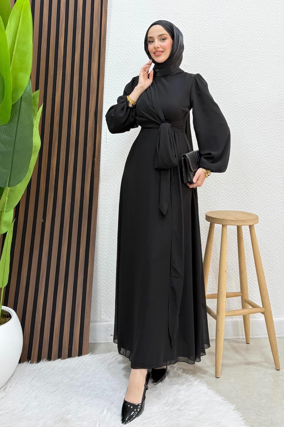 Bağlama Detay Şifon Elbise Siyah