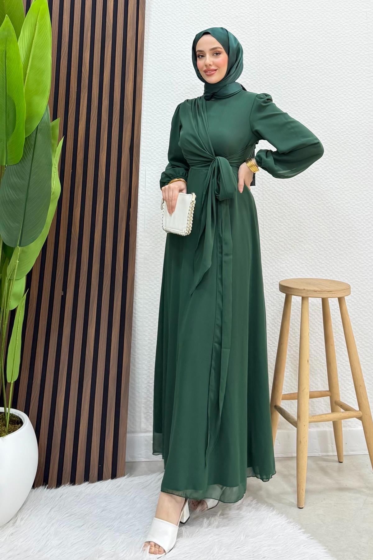 Bağlama Detay Şifon Elbise Zümrüt