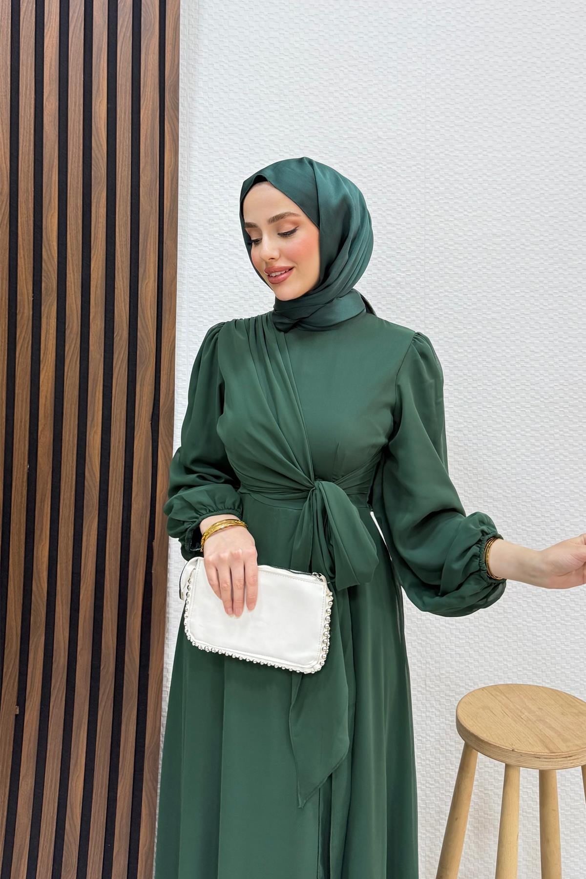 Bağlama Detay Şifon Elbise Zümrüt