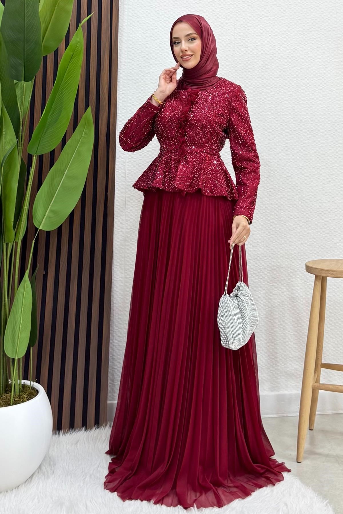 Baskı Düğme İşleme Abiye Bordo