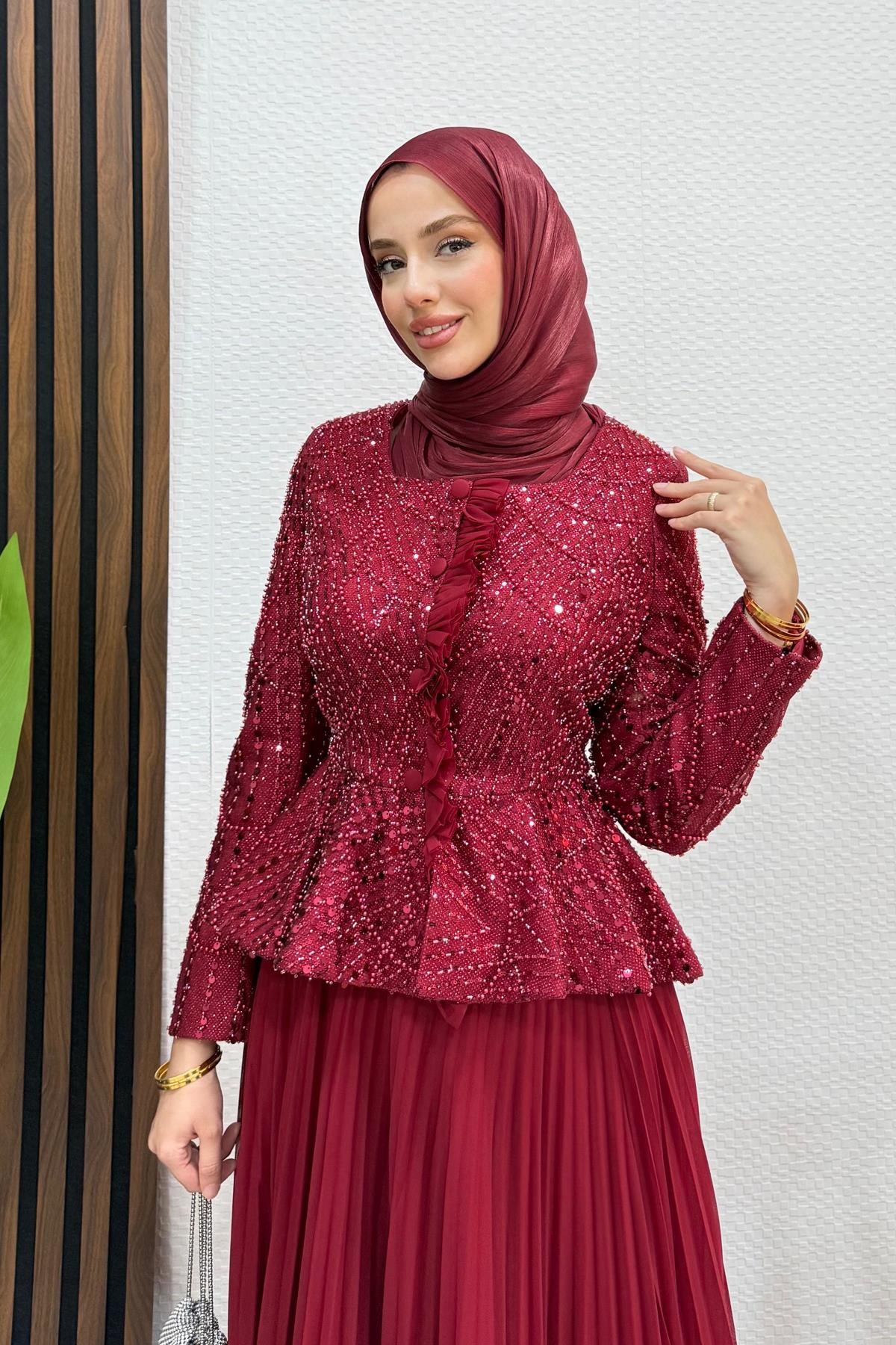 Baskı Düğme İşleme Abiye Bordo