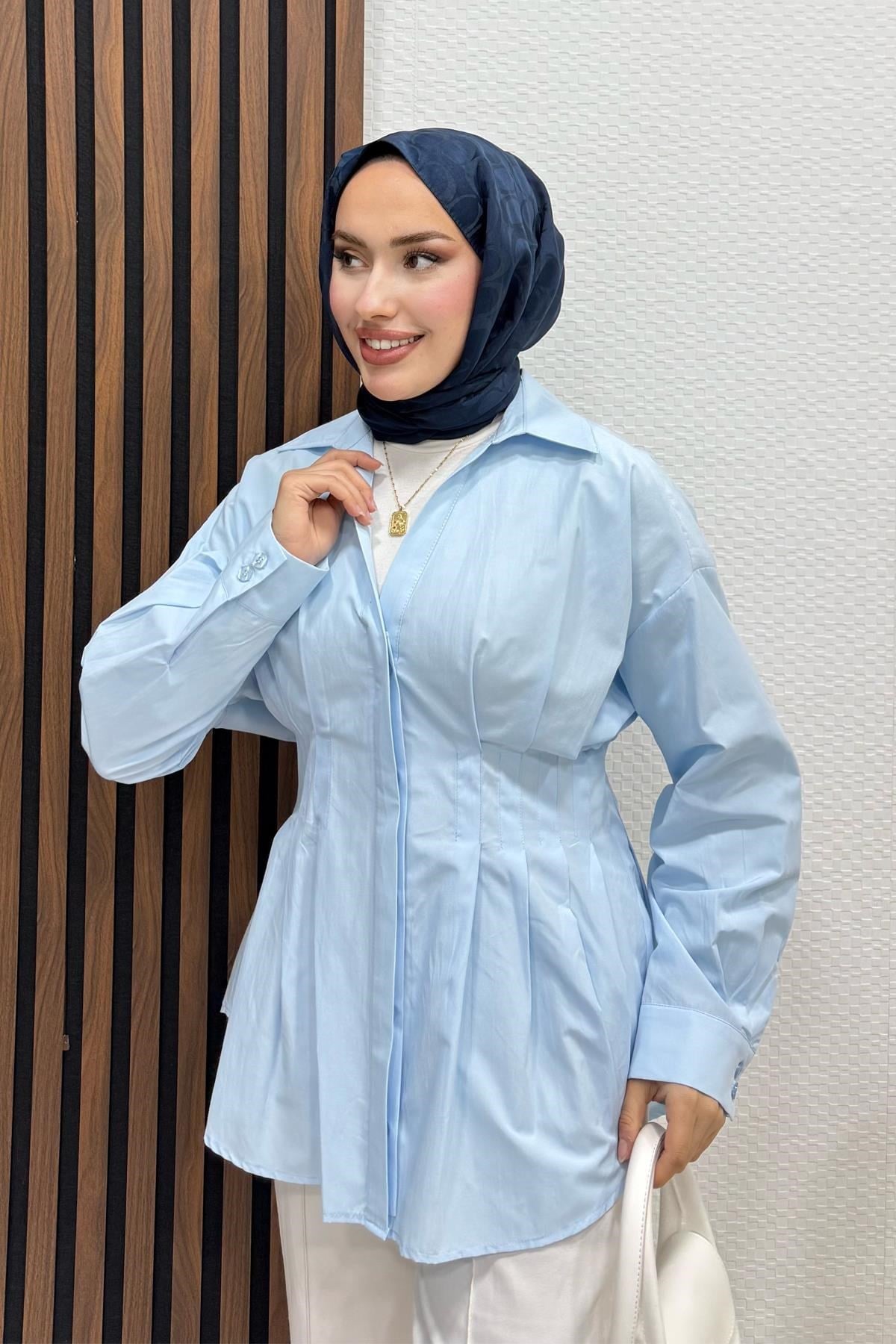 Belden Oturtmalı Gömlek Bebe Mavi