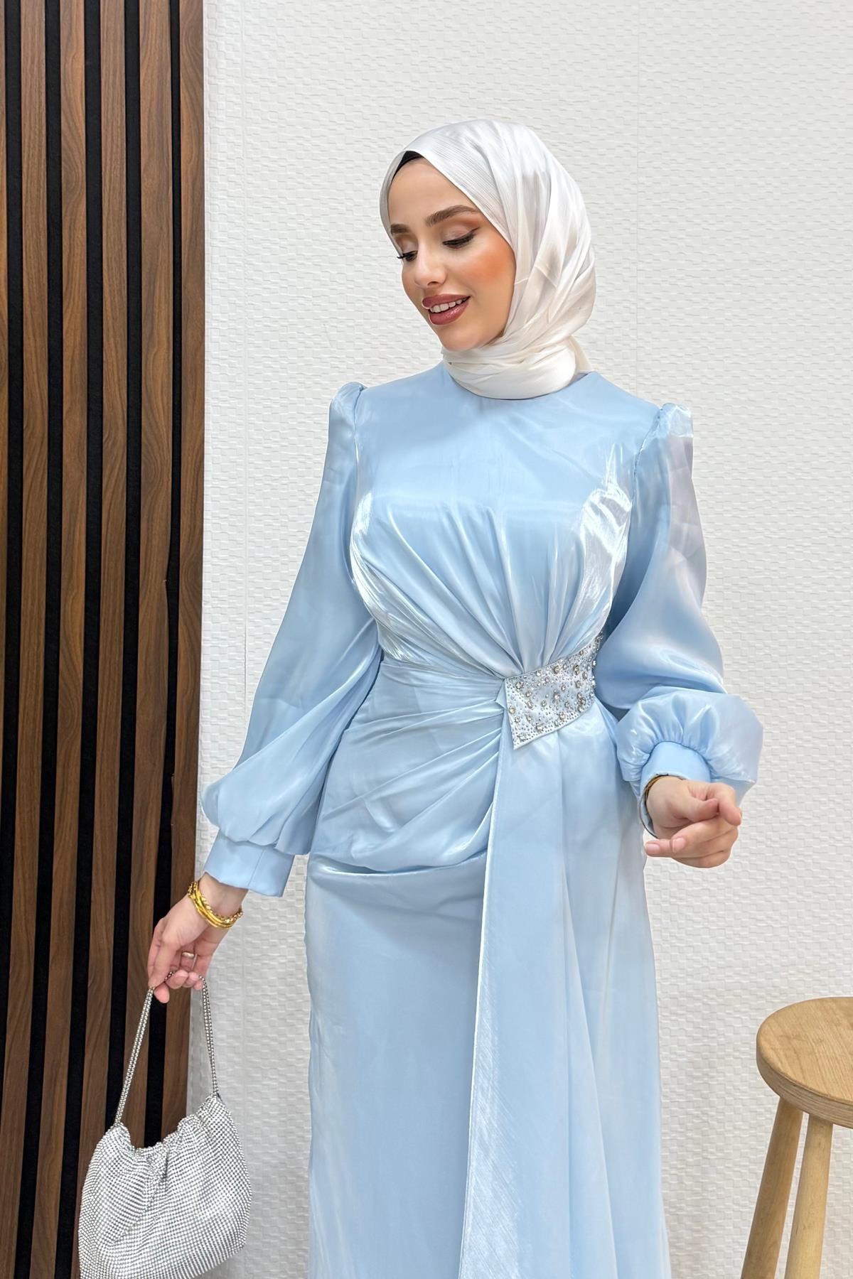 Belden Taş İşlemeli Abiye Bebe Mavi