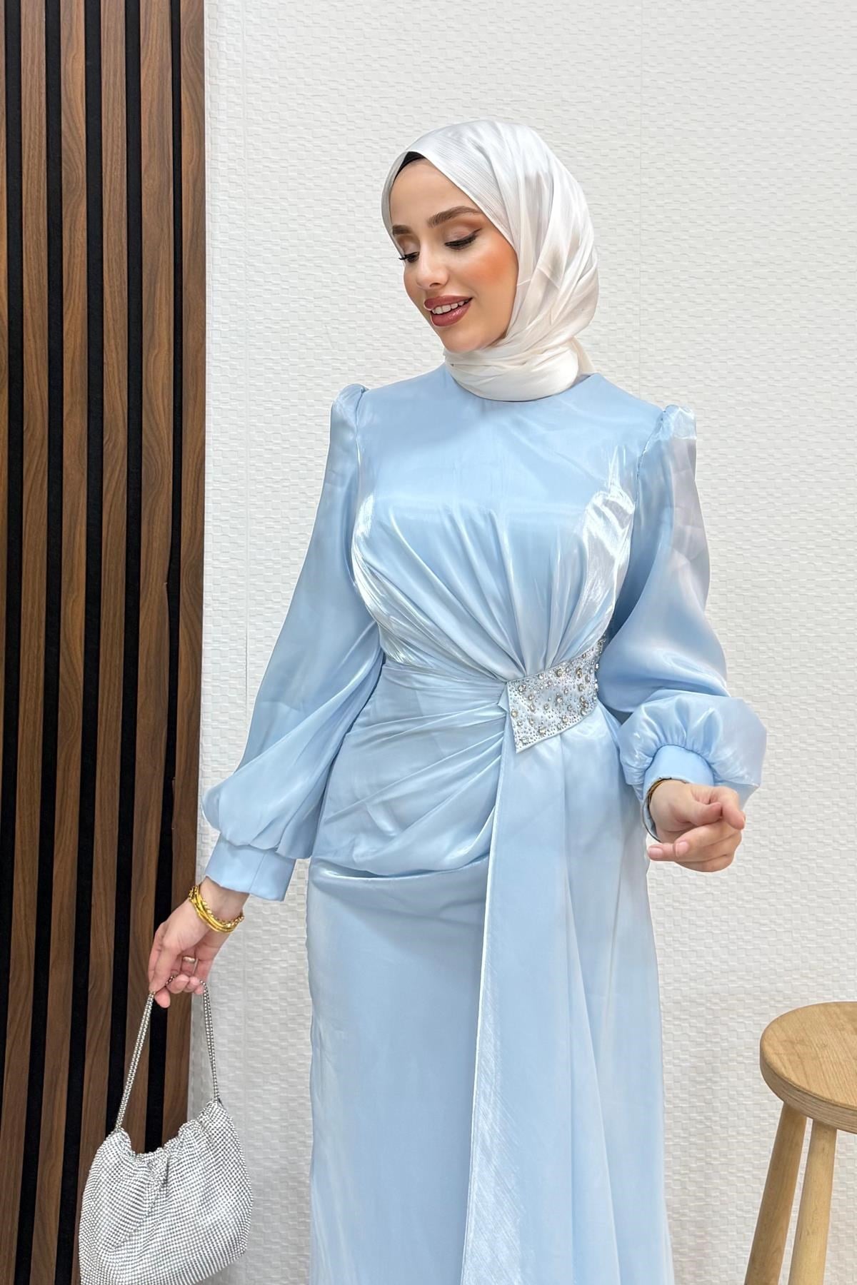 Belden Taş İşlemeli Abiye Bebe Mavi