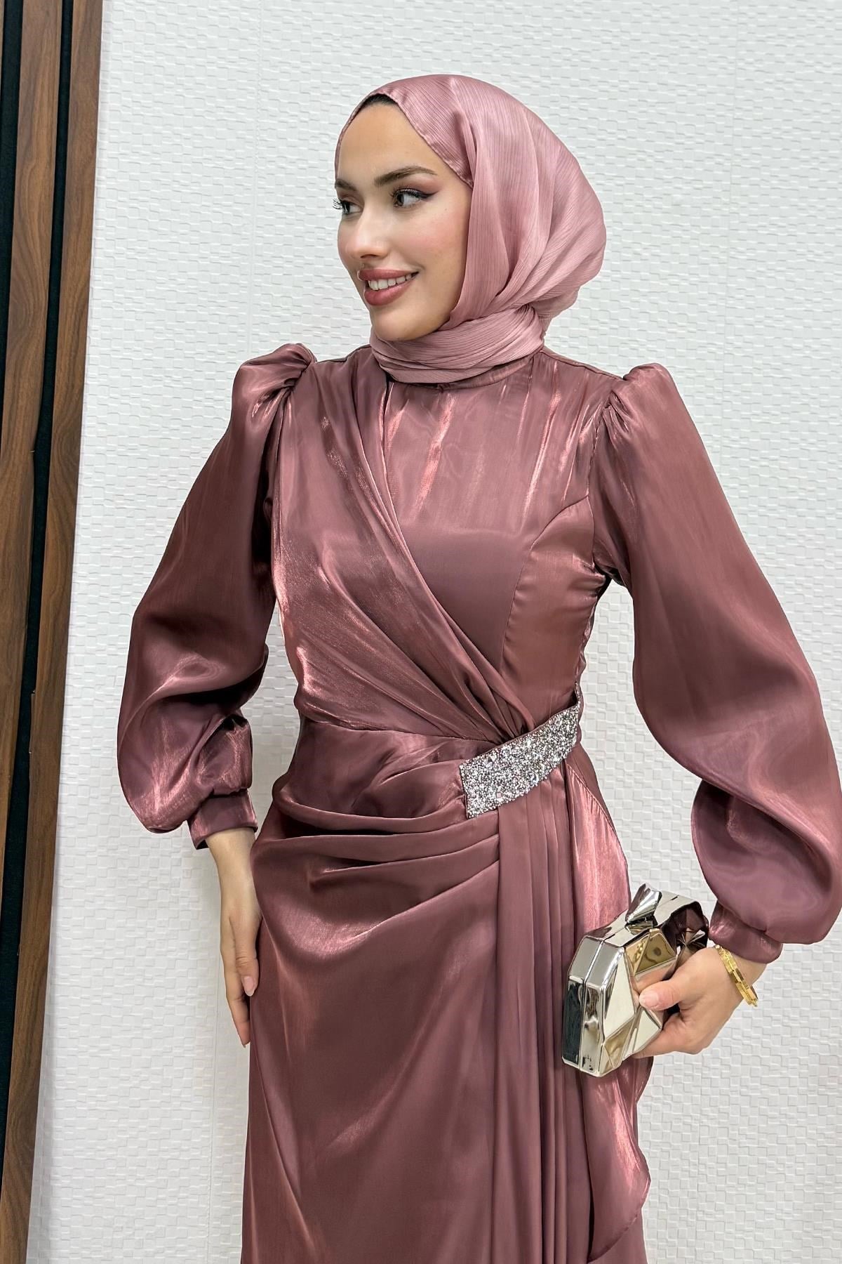Belden Taş İşlemeli Abiye Gül Kurusu