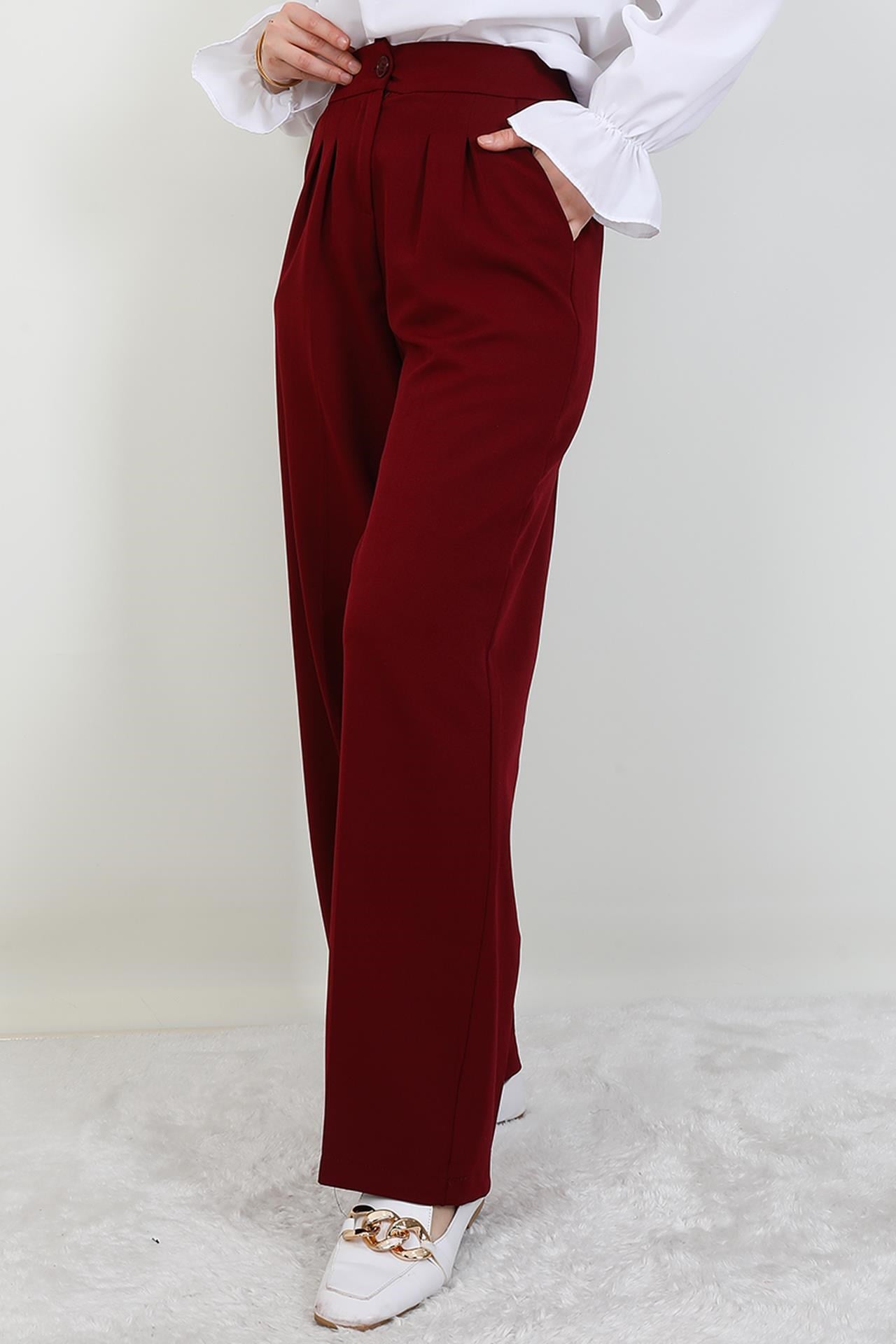 Beli Lastikli Düğmeli Pantolon Bordo