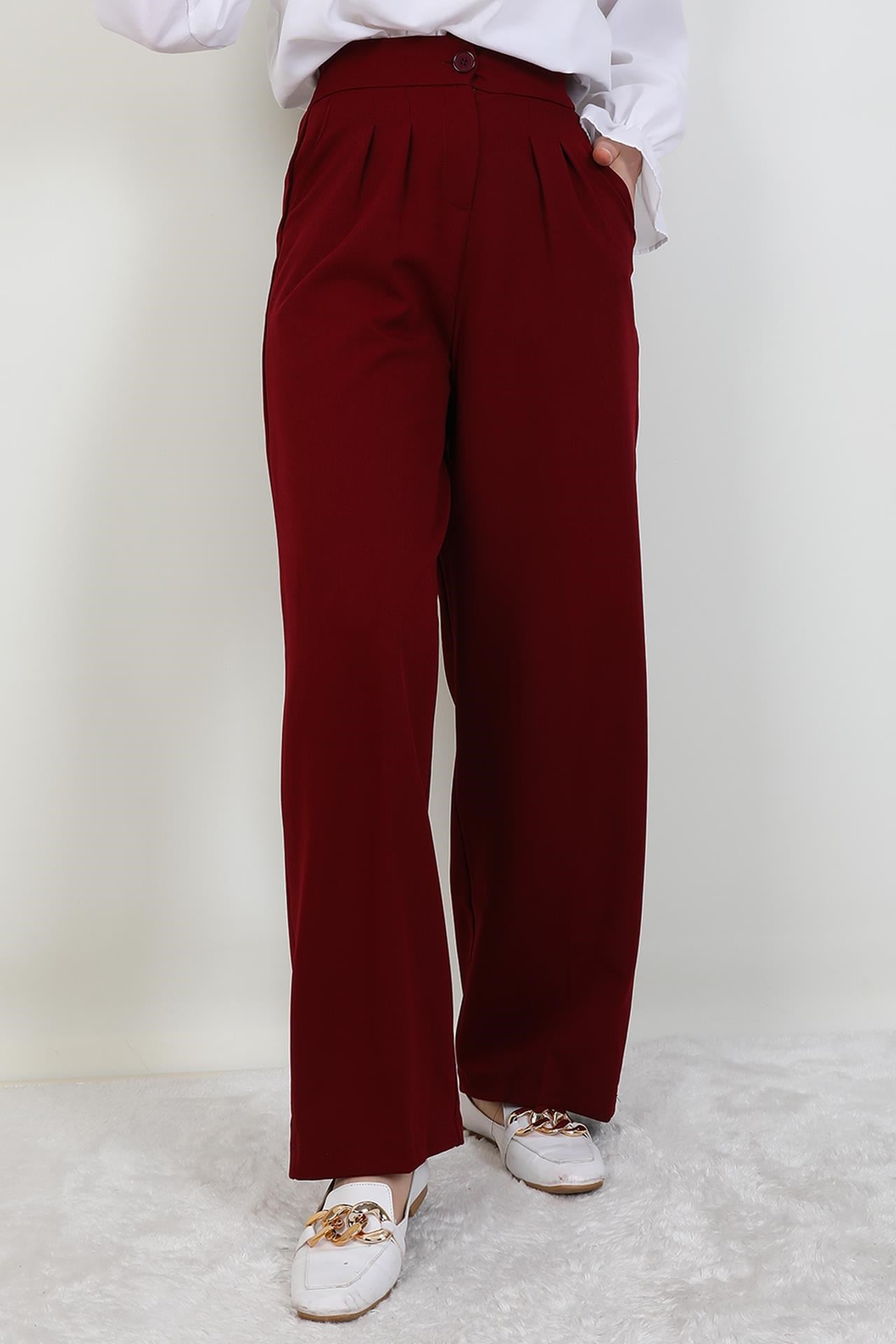 Beli Lastikli Düğmeli Pantolon Bordo