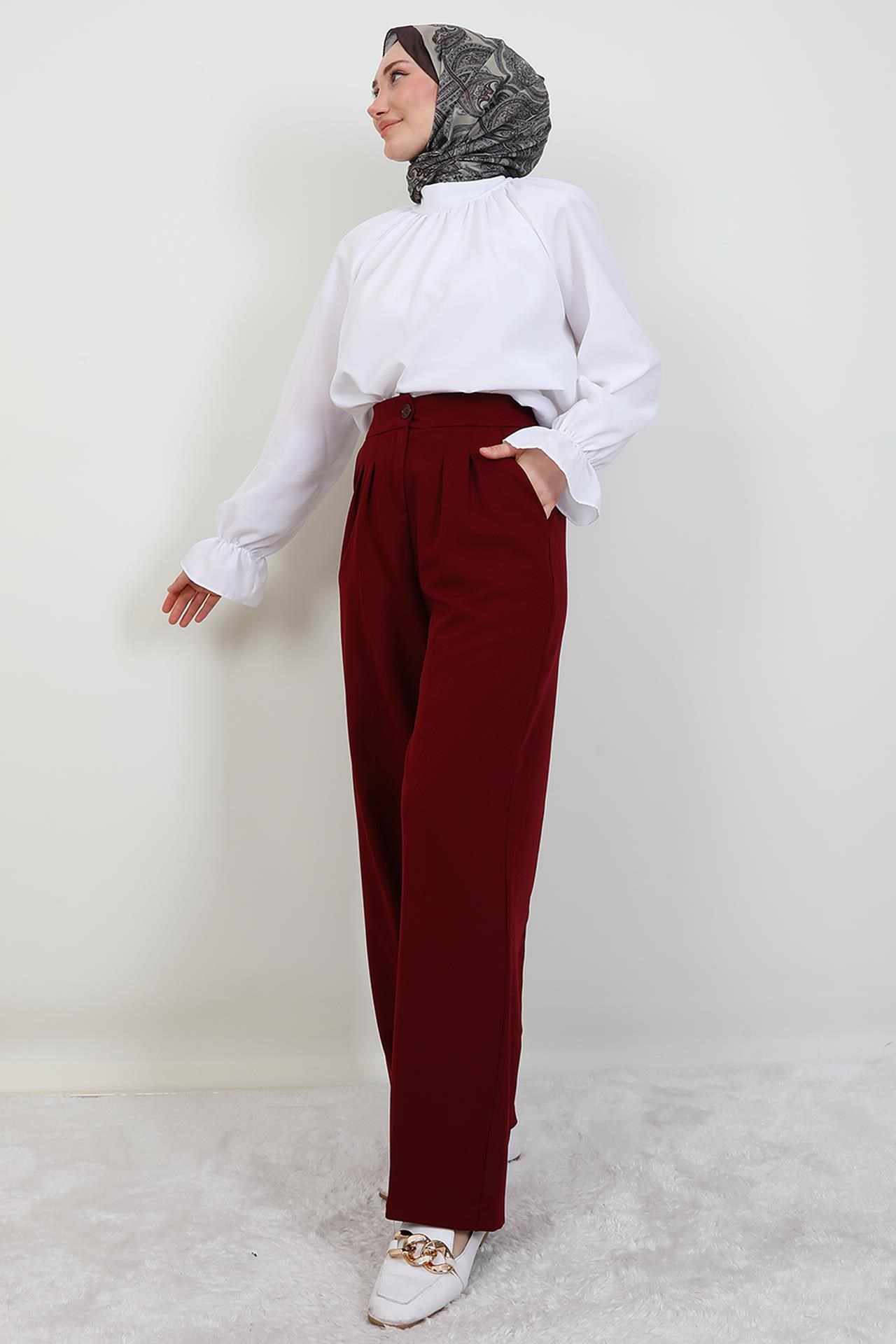 Beli Lastikli Düğmeli Pantolon Bordo