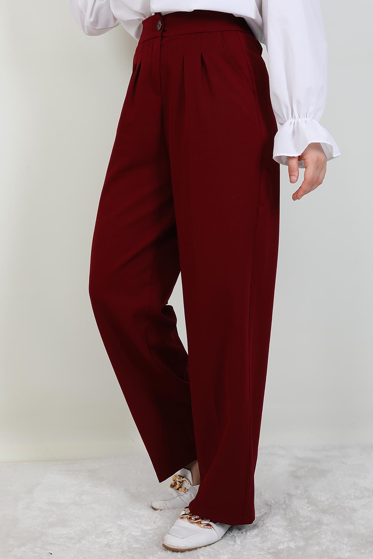 Beli Lastikli Düğmeli Pantolon Bordo