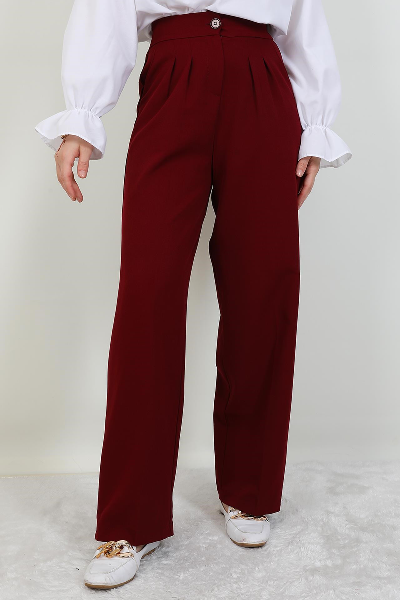 Beli Lastikli Düğmeli Pantolon Bordo