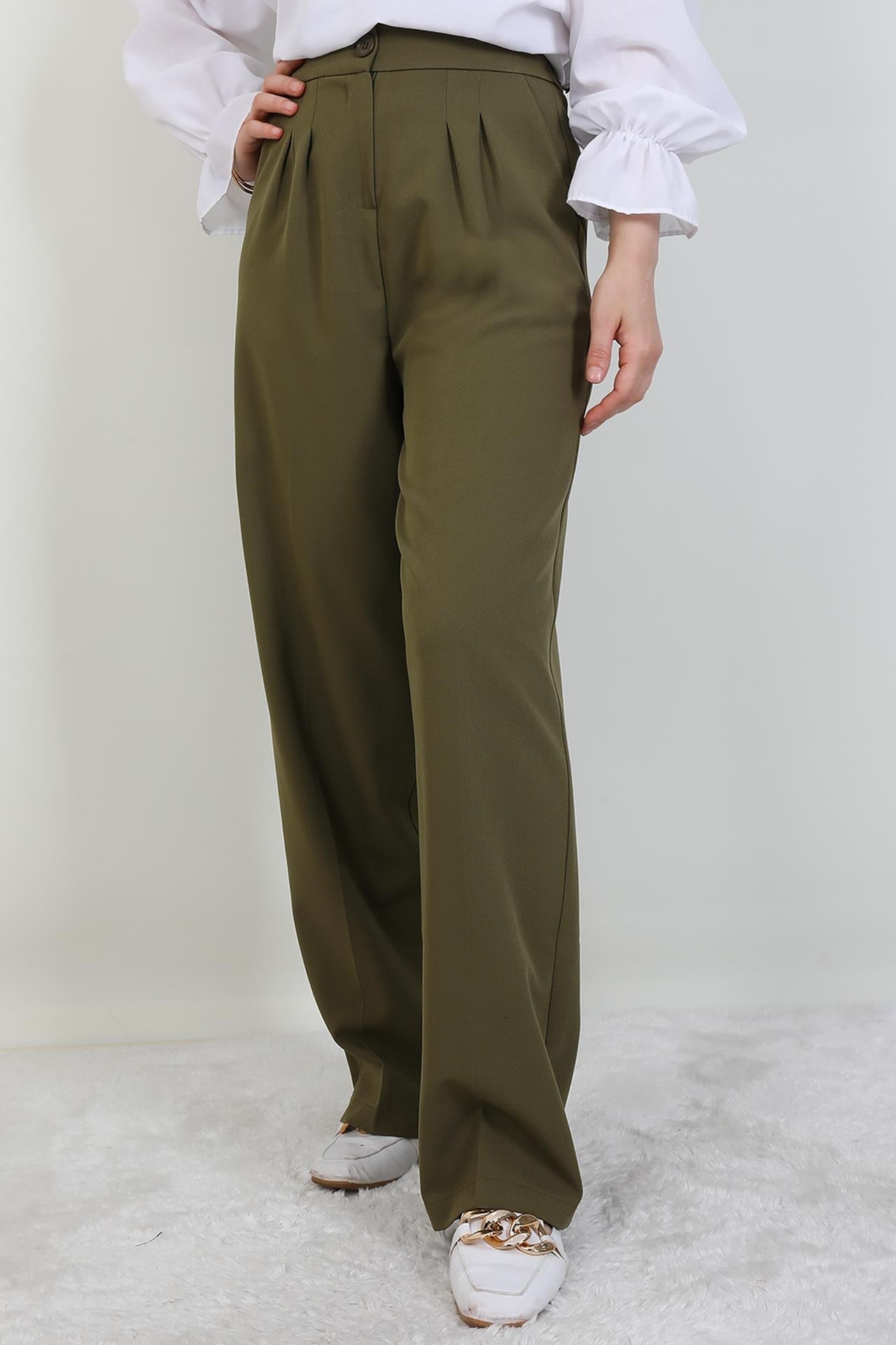 Beli Lastikli Düğmeli Pantolon Haki