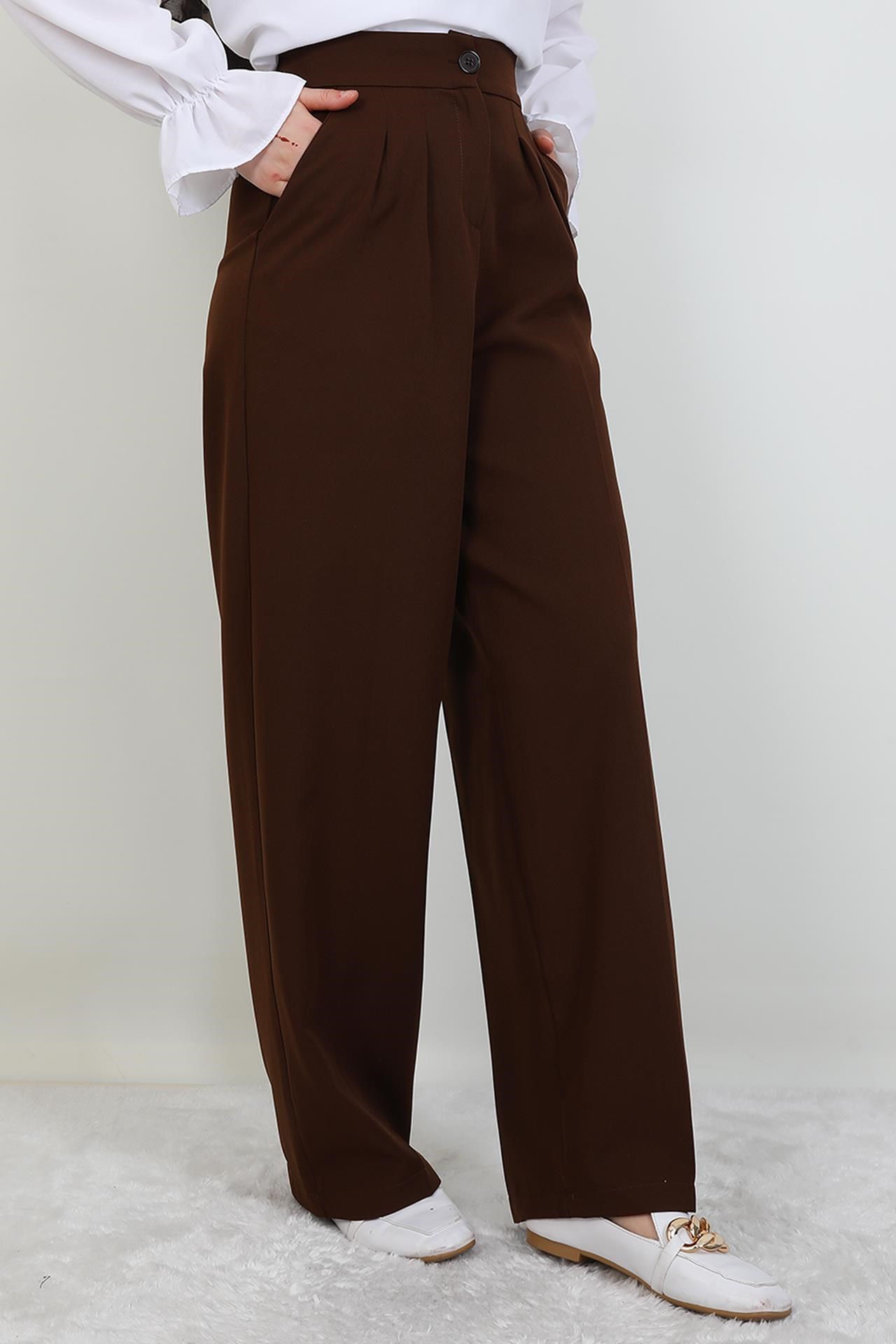 Beli Lastikli Düğmeli Pantolon Kahve