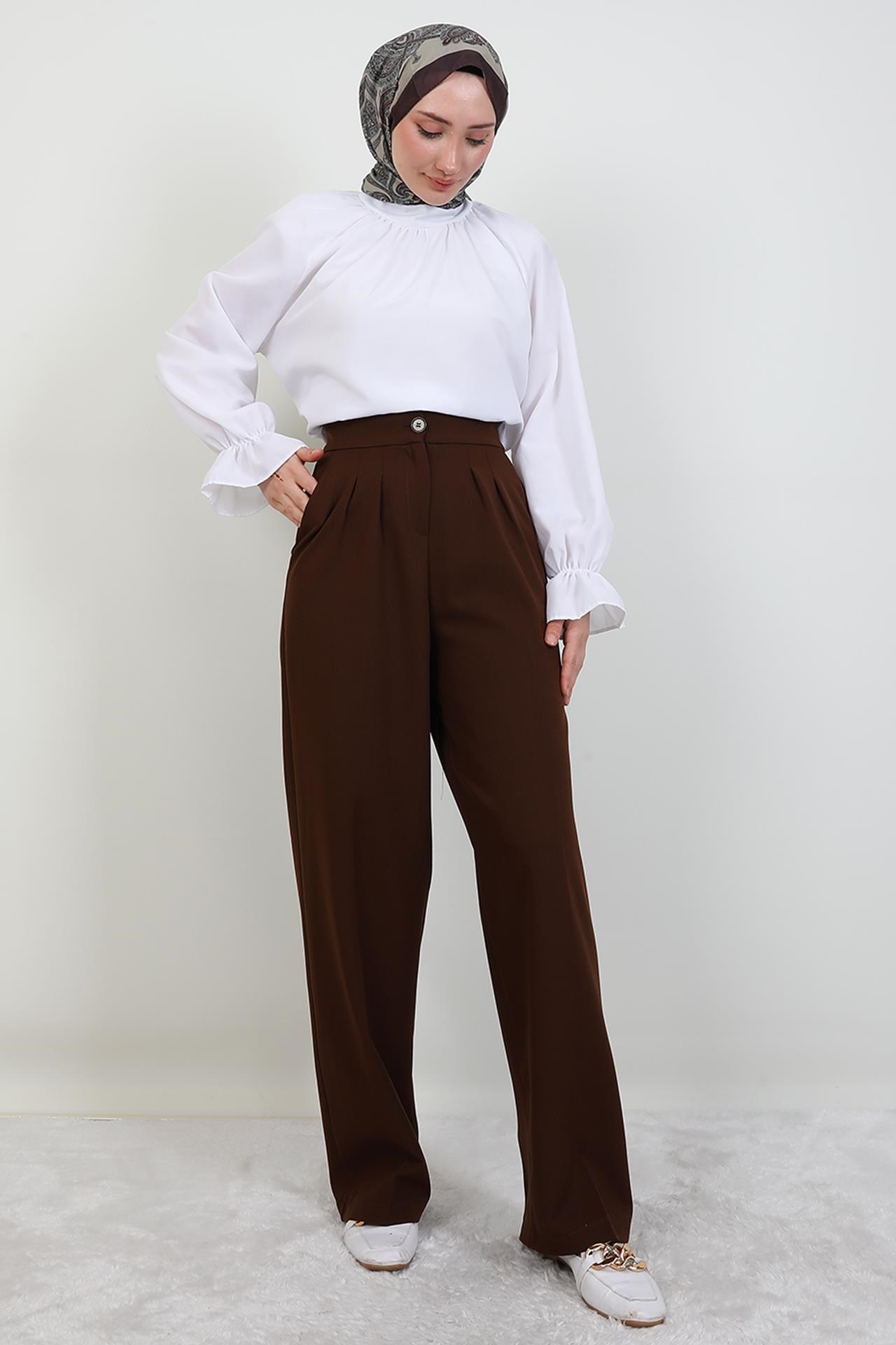 Beli Lastikli Düğmeli Pantolon Kahve