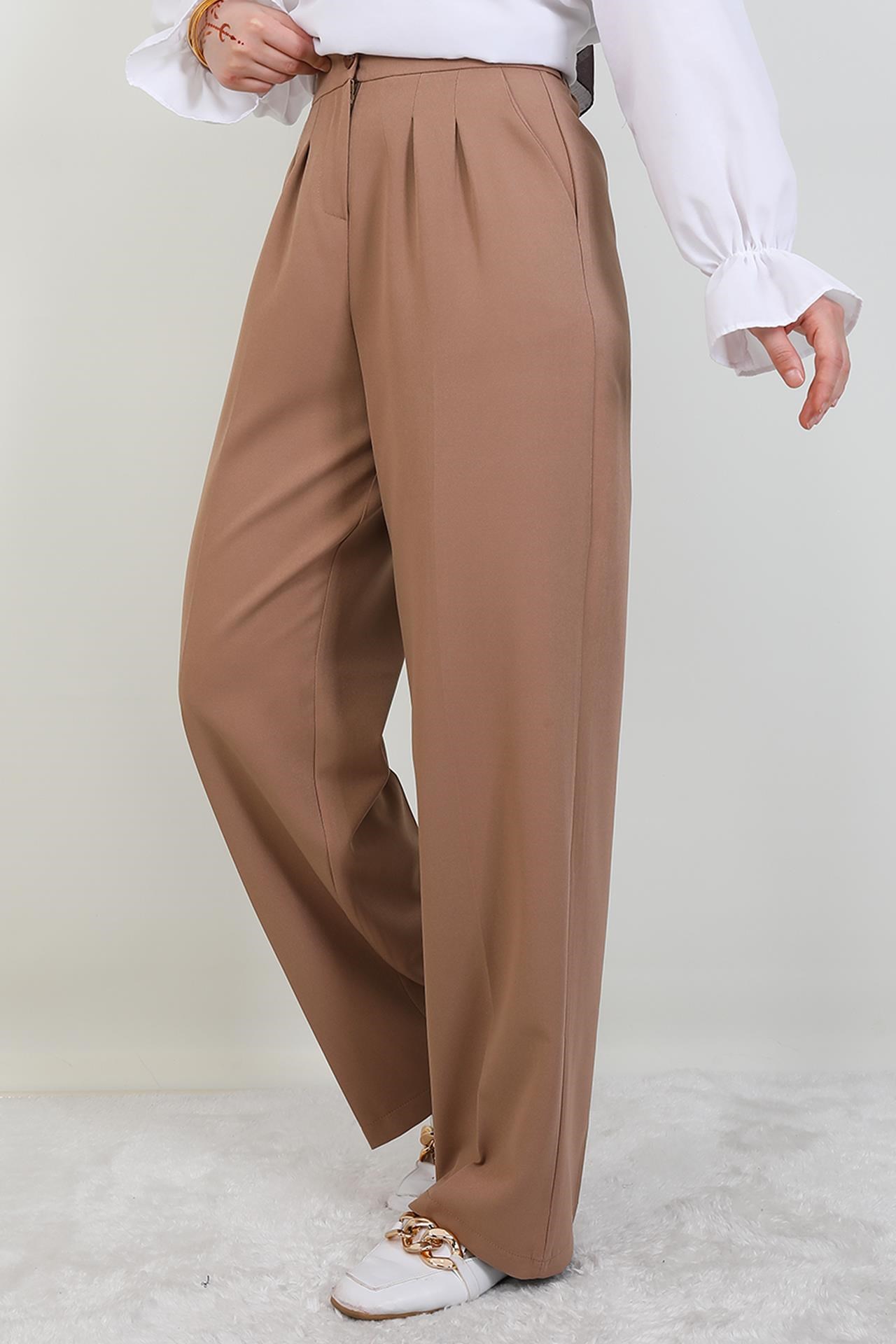 Beli Lastikli Düğmeli Pantolon Sütlükahve