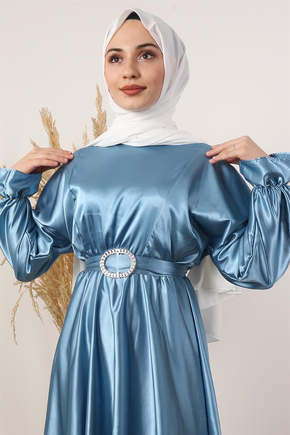 Beli Lastikli Saten Elbise Bebe Mavi