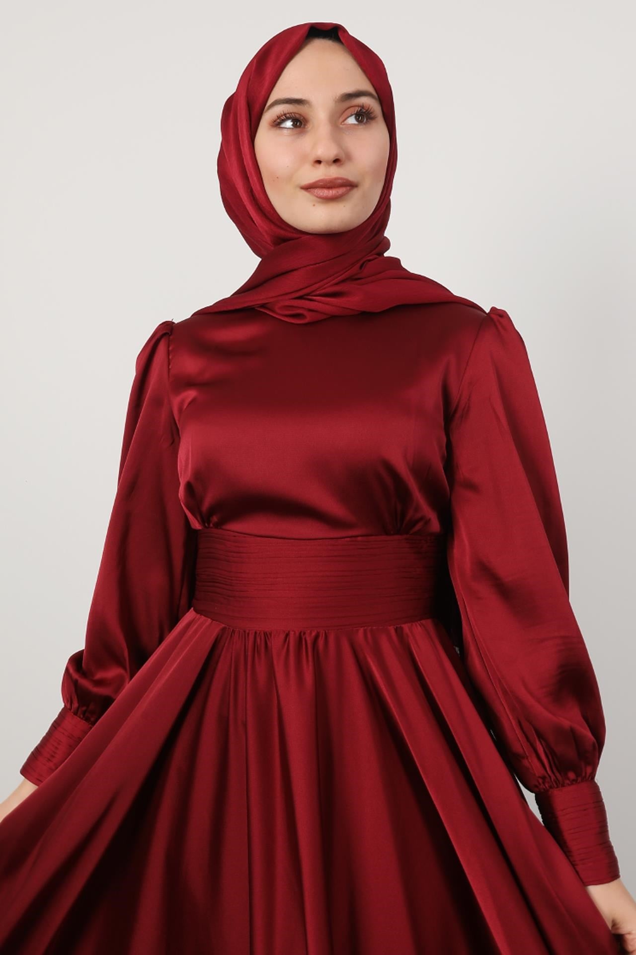 Beli Pileli Saten Abiye Bordo