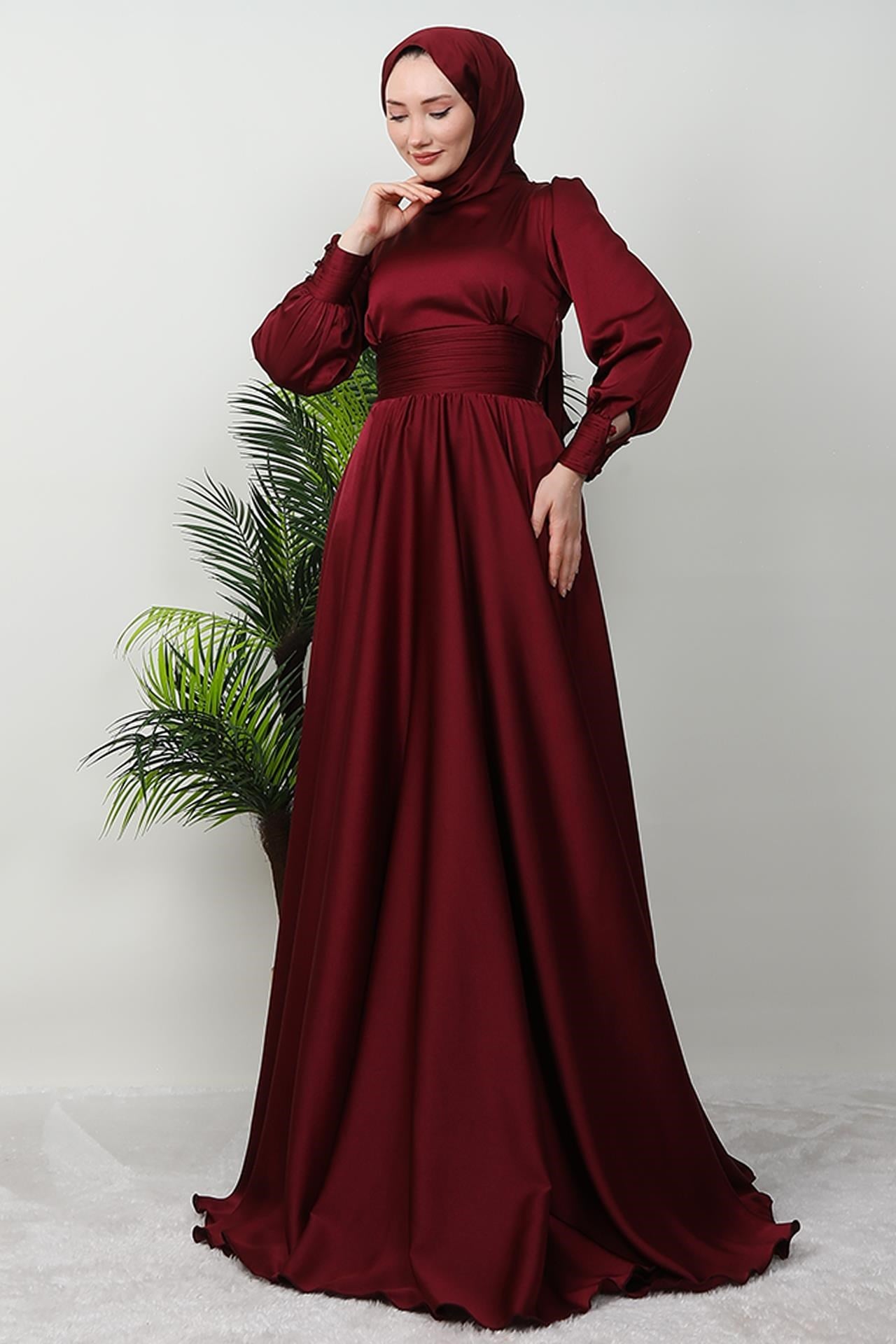 Beli Pileli Saten Abiye Bordo