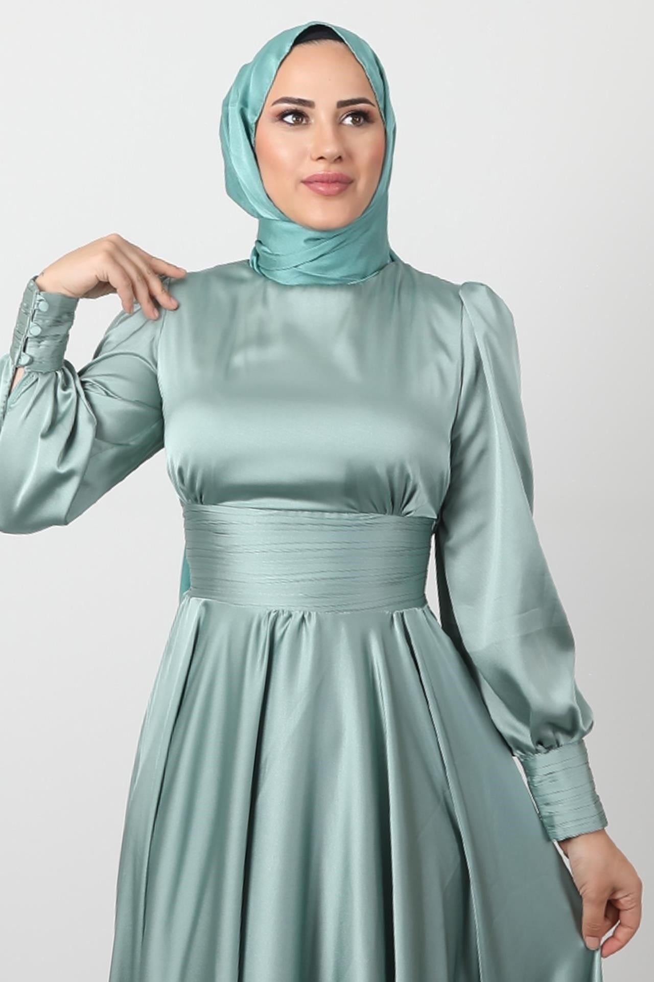 Beli Pileli Saten Abiye Mint
