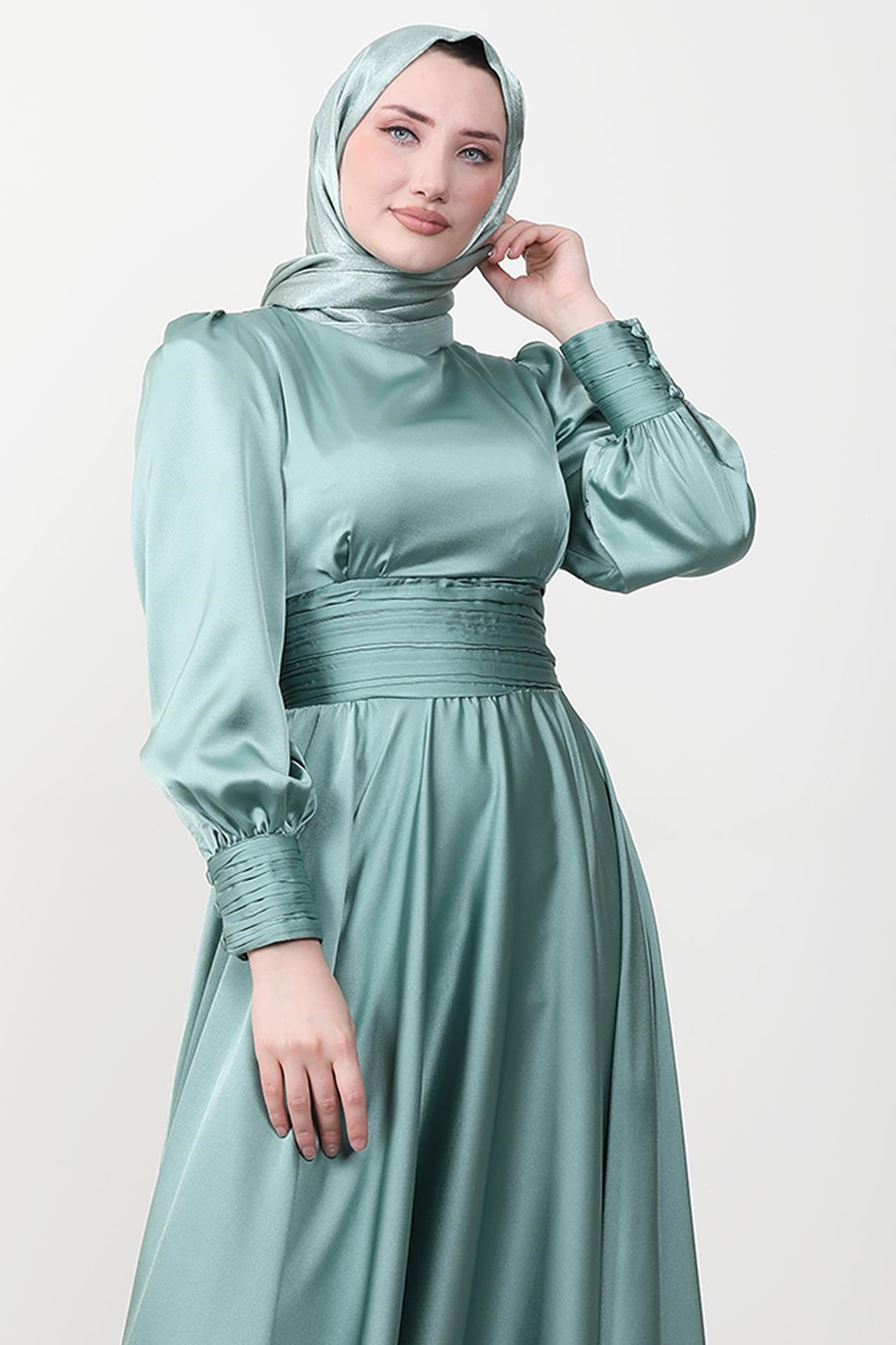 Beli Pileli Saten Abiye Mint