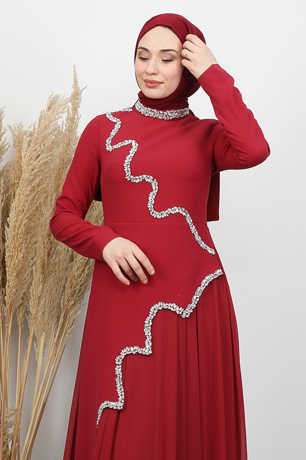 Belinda Krep Detay Elbise Bordo