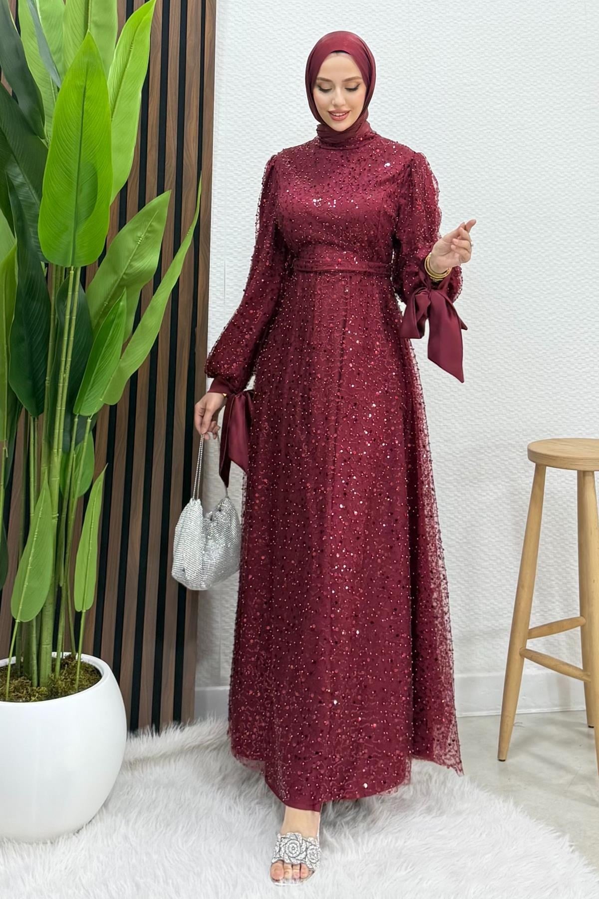 Betül Tesettür Abiye Bordo