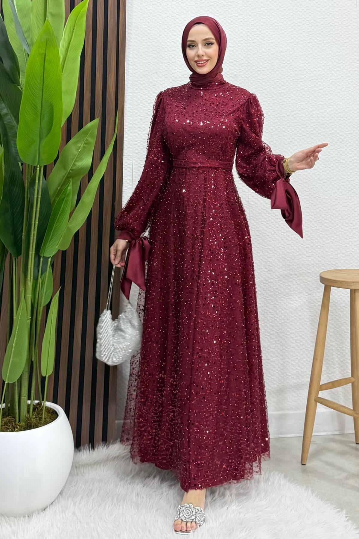Betül Tesettür Abiye Bordo