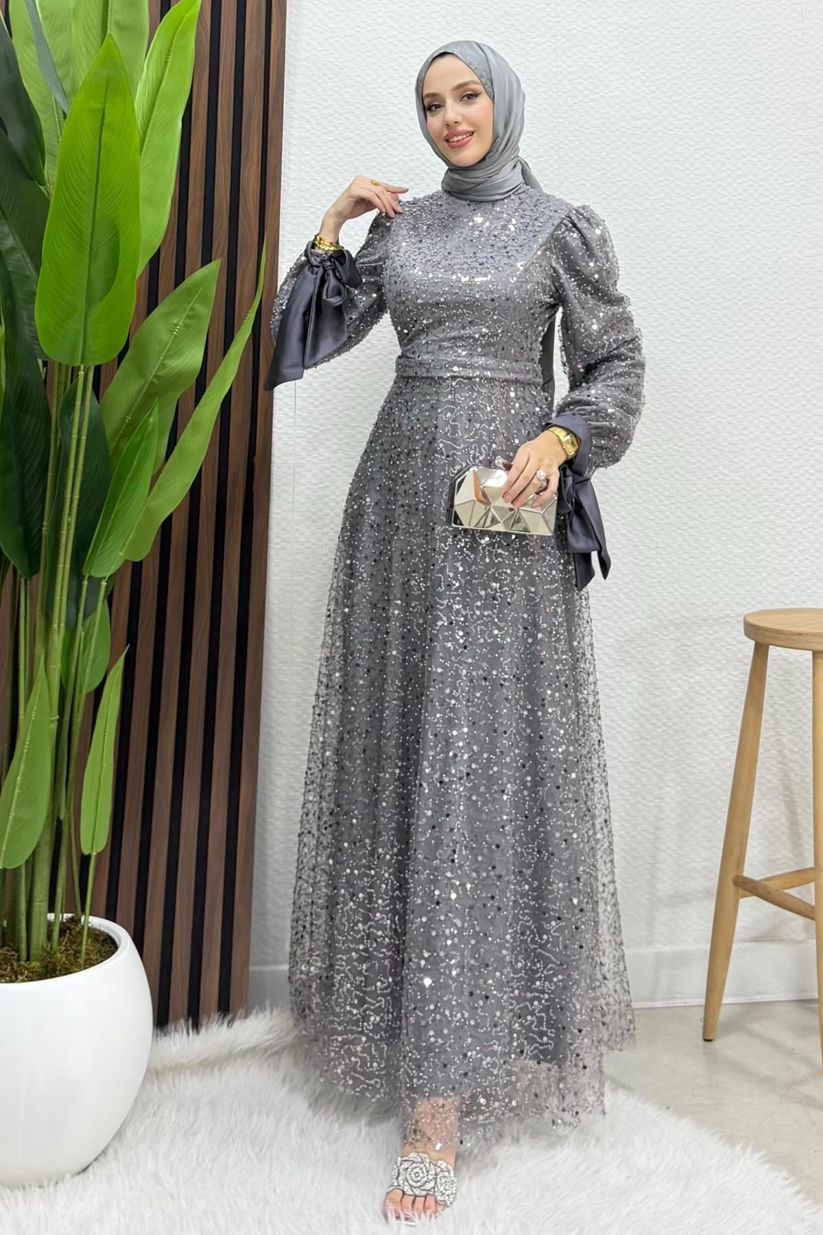 Betül Tesettür Abiye Gri