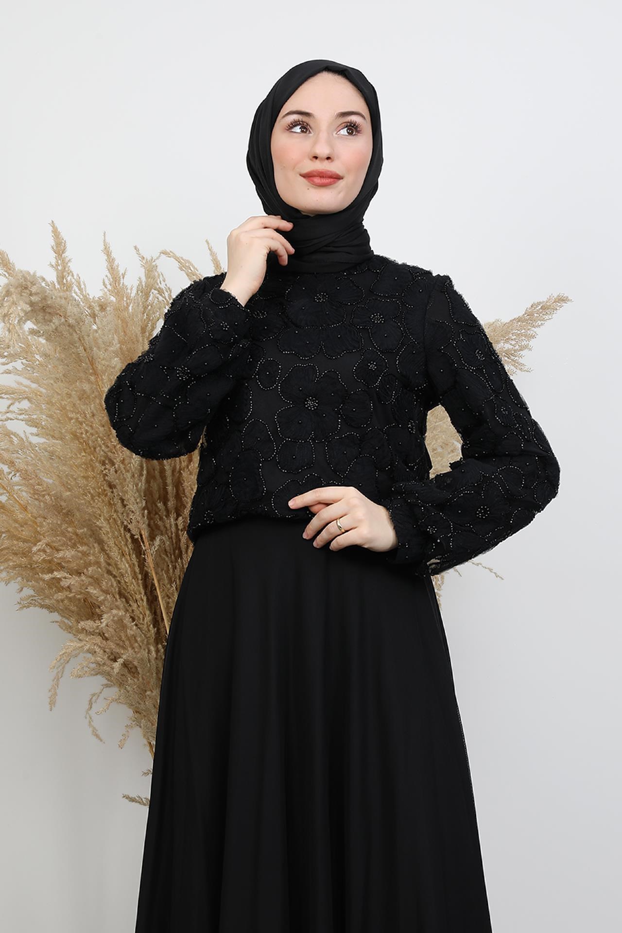 Birgül Tül Takım Abiye Siyah