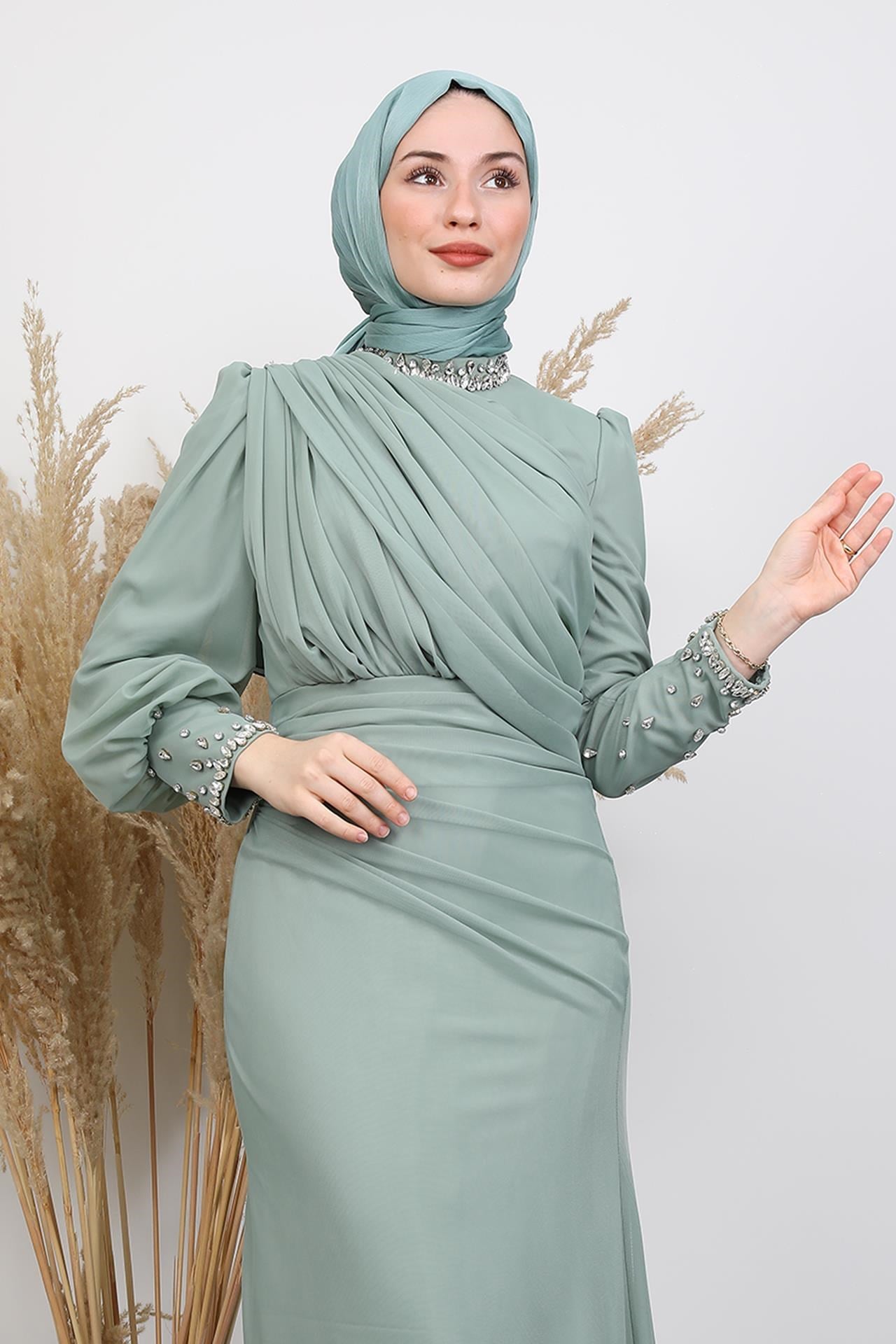 Birsen Taşlı Tül Abiye Mint