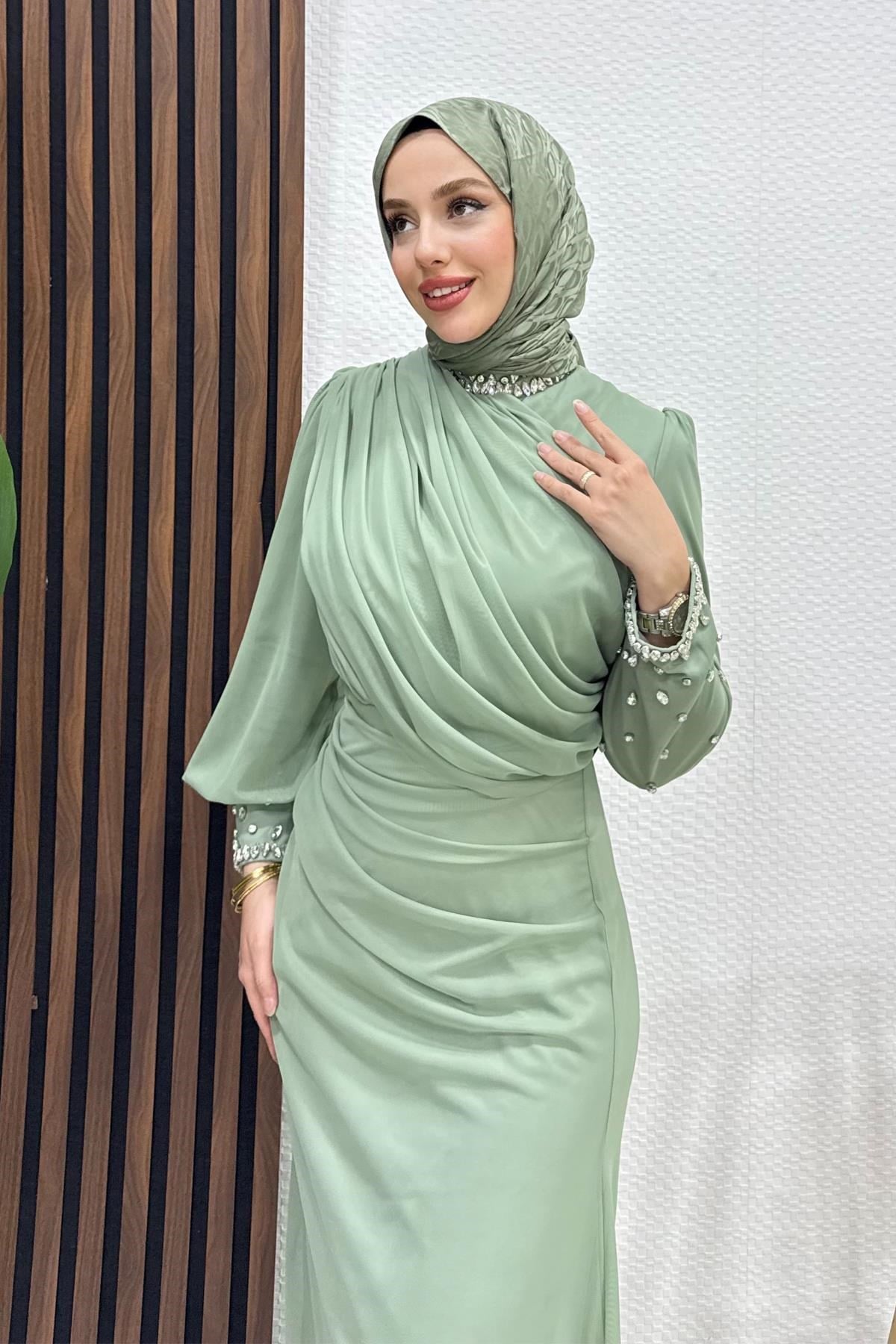 Birsen Taşlı Tül Abiye Mint