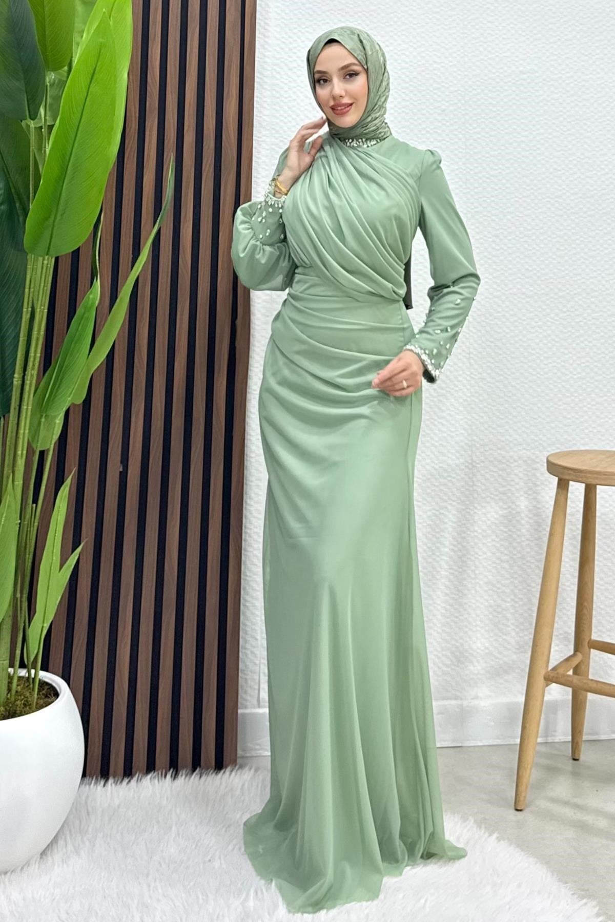 Birsen Taşlı Tül Abiye Mint