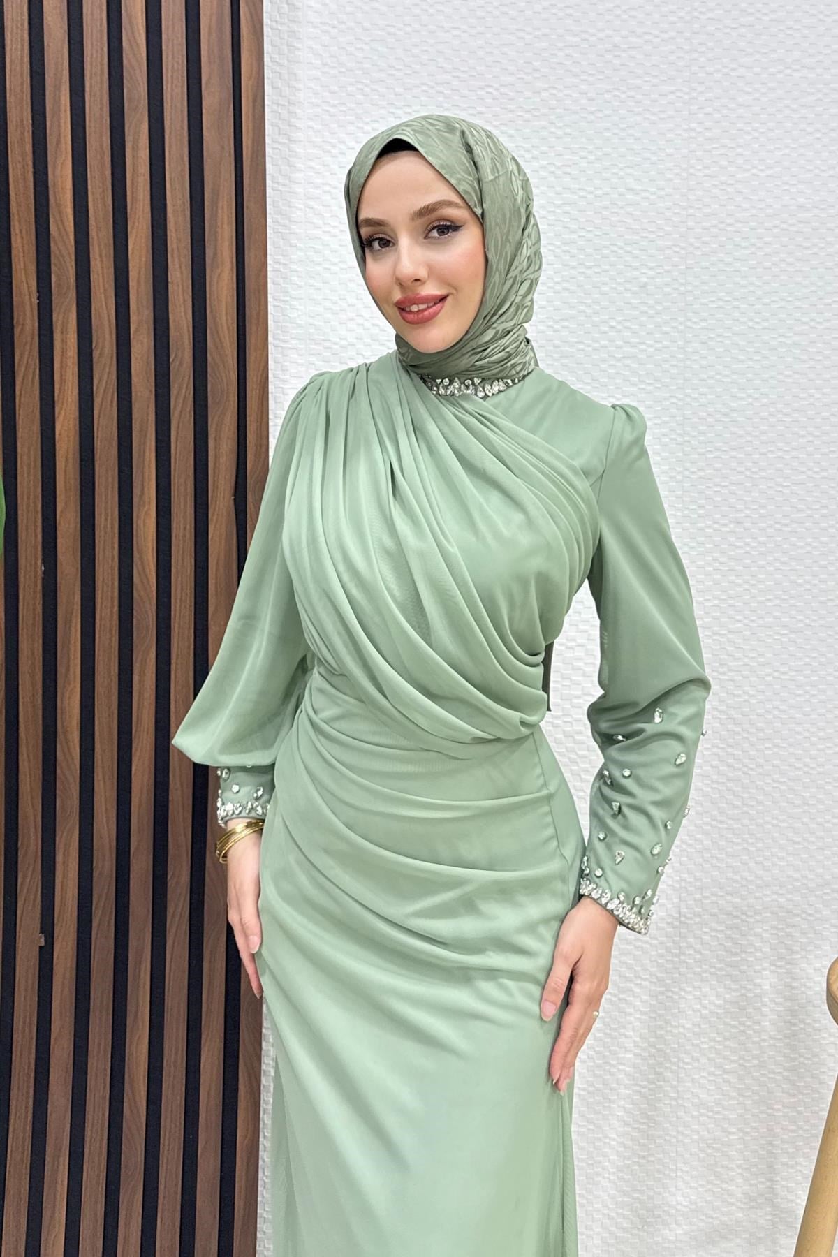 Birsen Taşlı Tül Abiye Mint