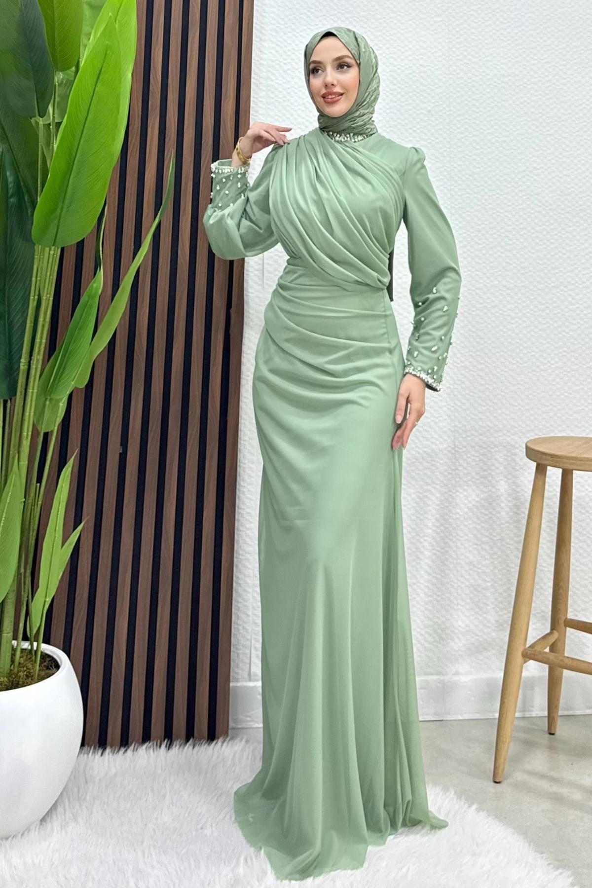 Birsen Taşlı Tül Abiye Mint