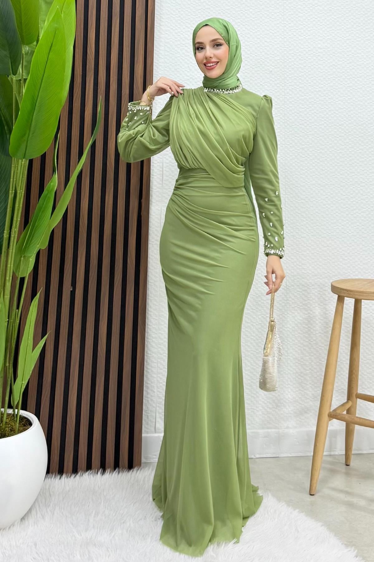 Birsen Taşlı Tül Abiye Soft Yeşil