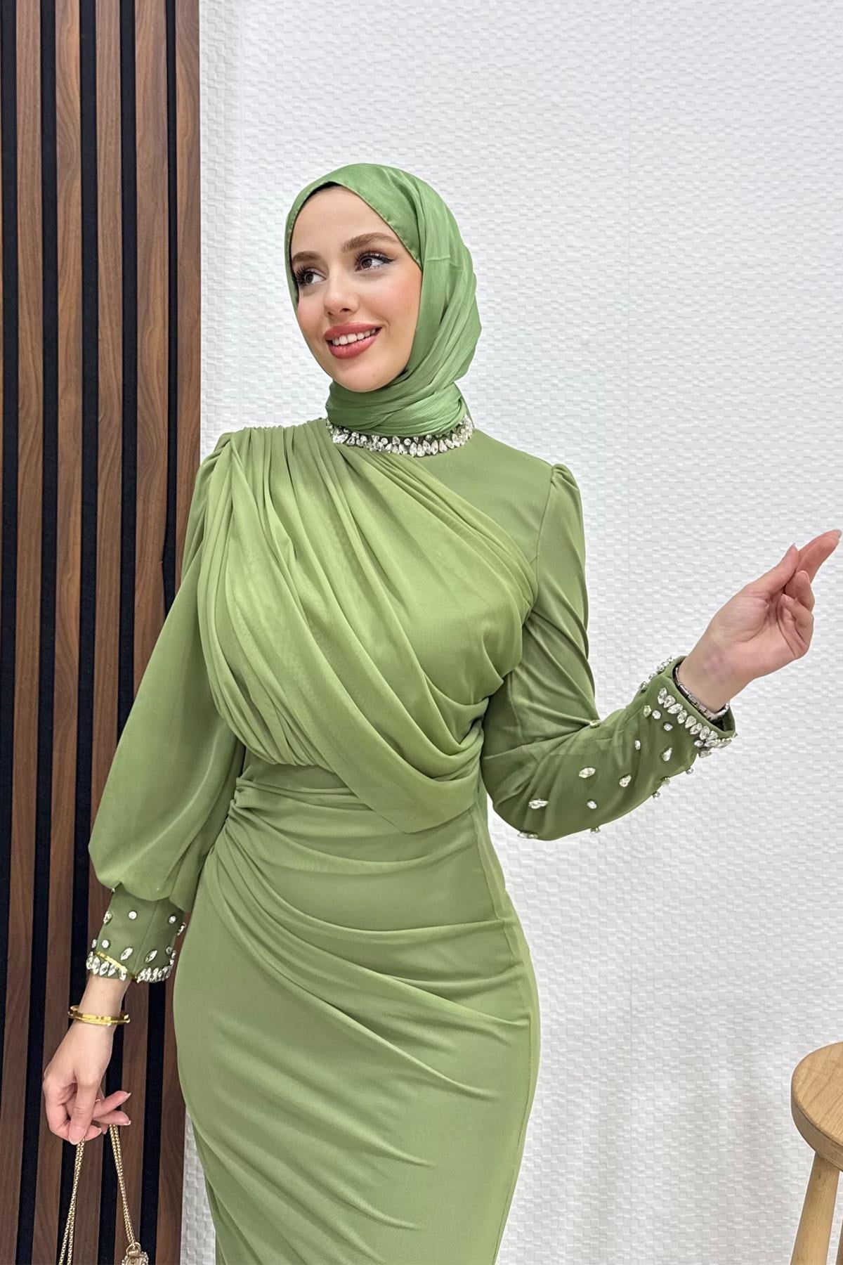 Birsen Taşlı Tül Abiye Soft Yeşil
