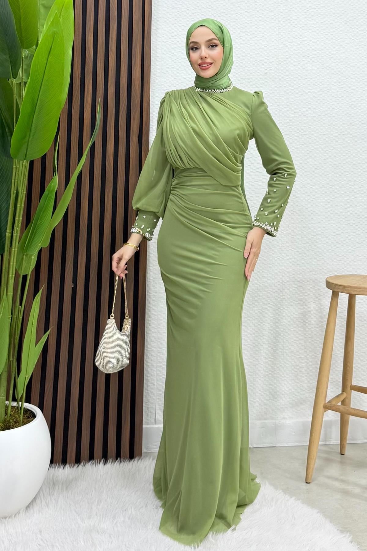 Birsen Taşlı Tül Abiye Soft Yeşil