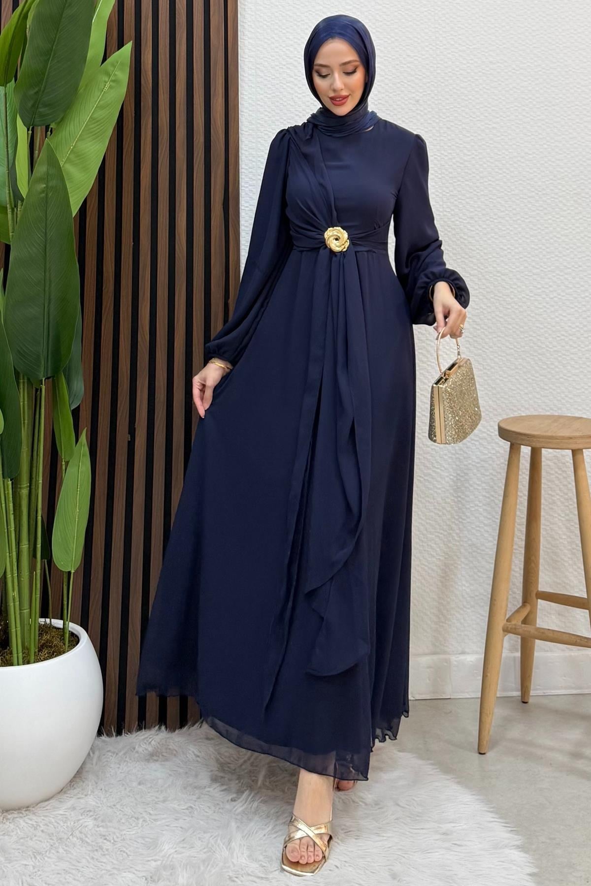Broş Bağlama Elbise Lacivert