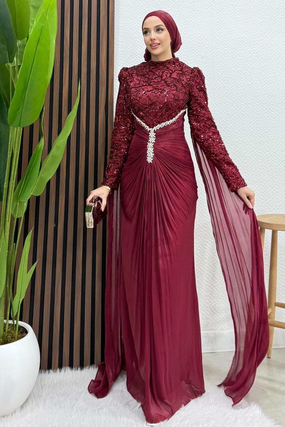 Carolina İşleme Yoryo Abiye Bordo