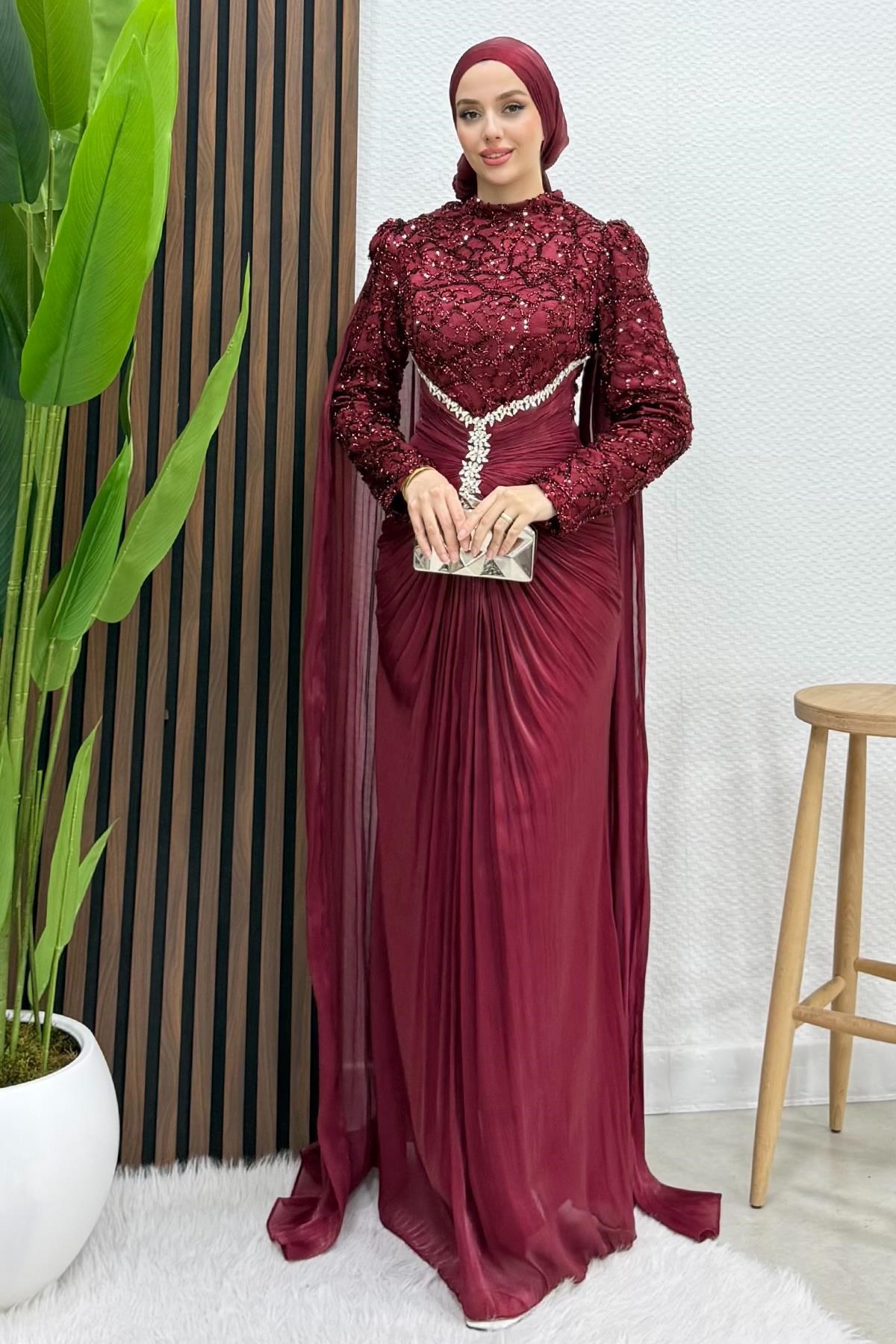 Carolina İşleme Yoryo Abiye Bordo
