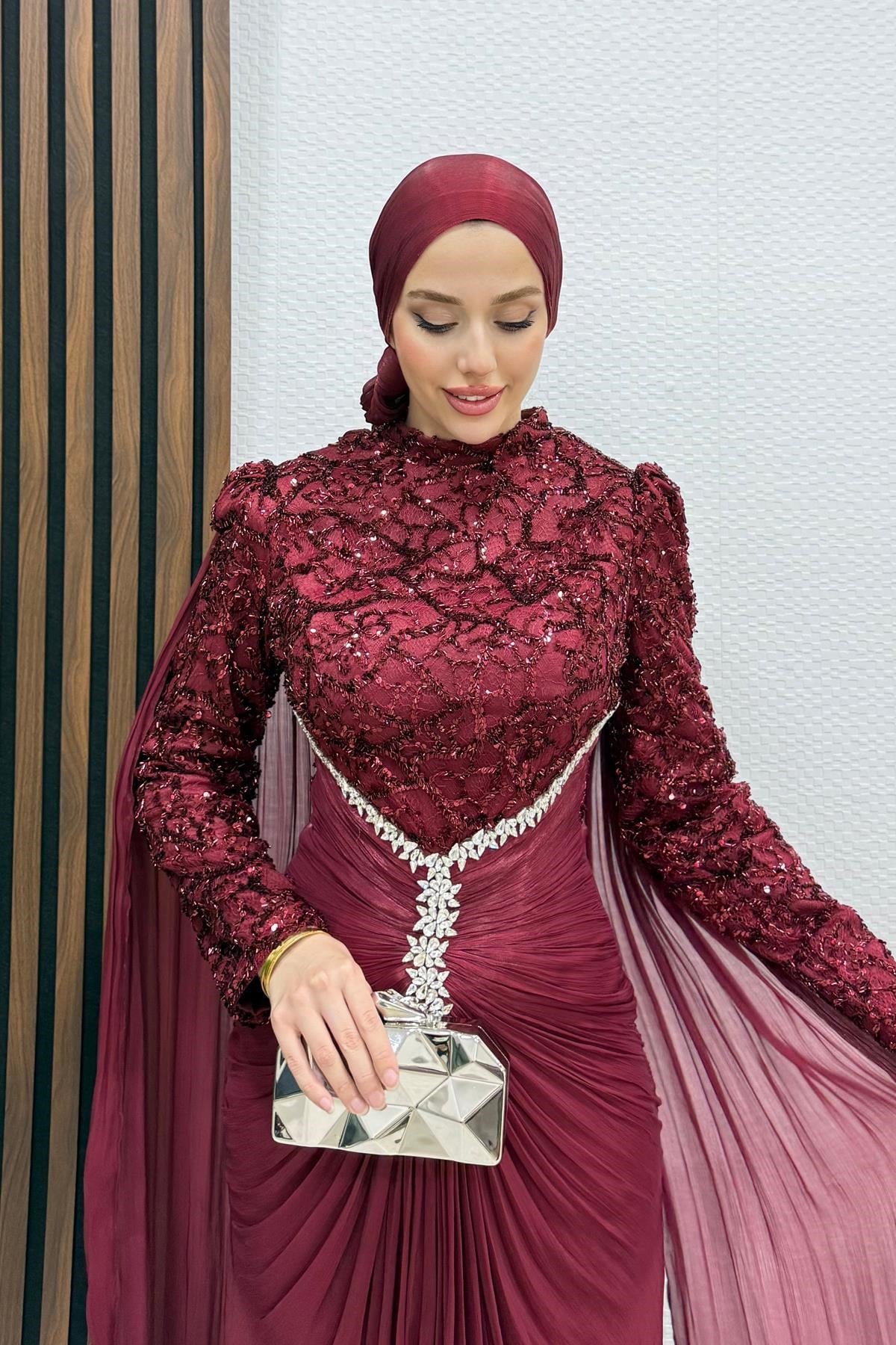 Carolina İşleme Yoryo Abiye Bordo