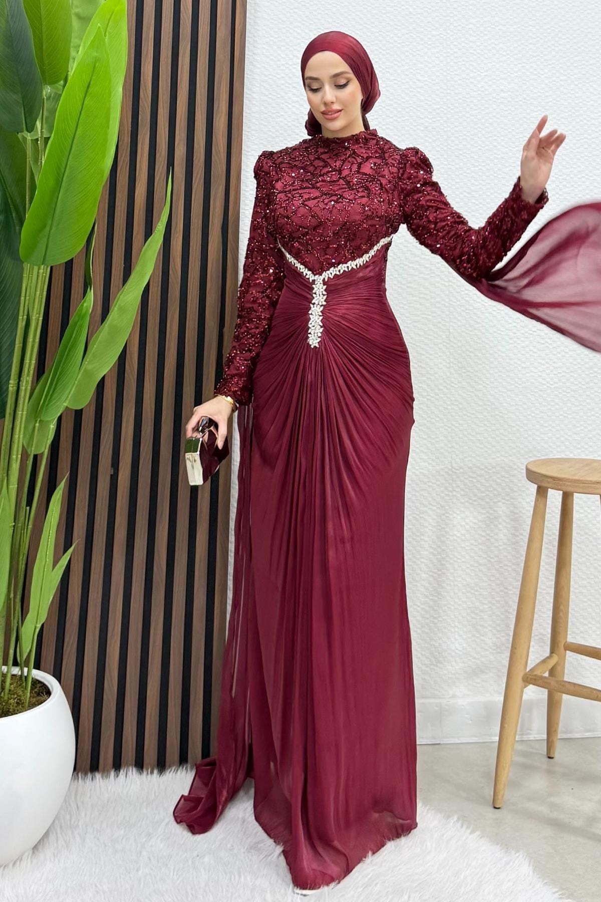 Carolina İşleme Yoryo Abiye Bordo