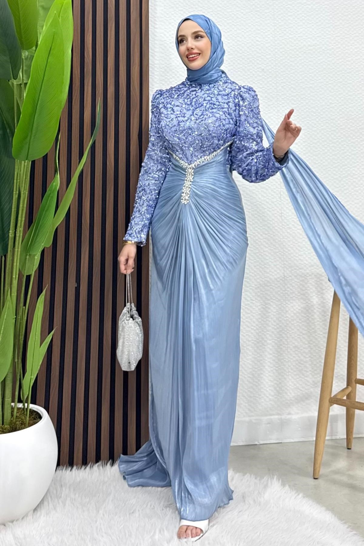 Carolina İşleme Yoryo Abiye Mavi