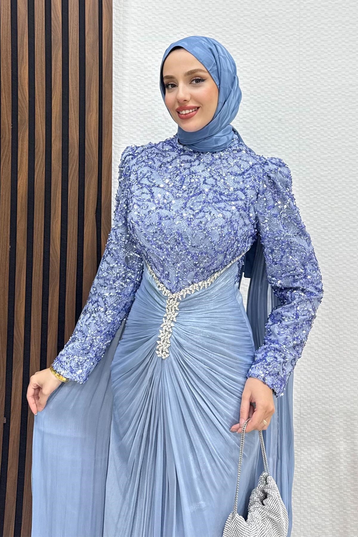 Carolina İşleme Yoryo Abiye Mavi