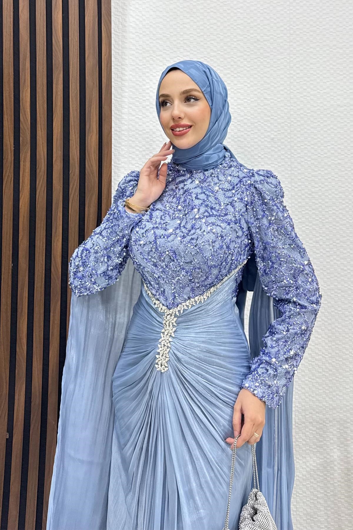 Carolina İşleme Yoryo Abiye Mavi