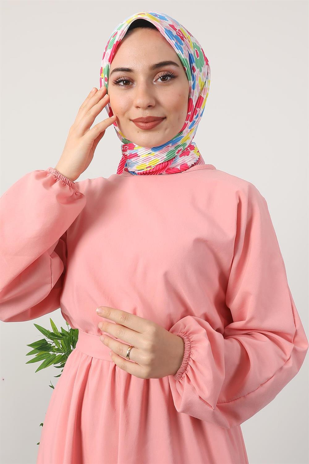 Çiçekli Piliseli Eşarp Pembe