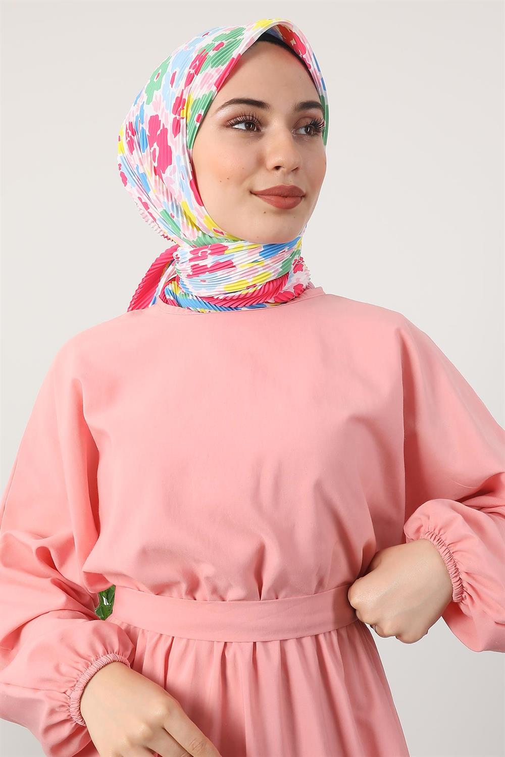 Çiçekli Piliseli Eşarp Pembe
