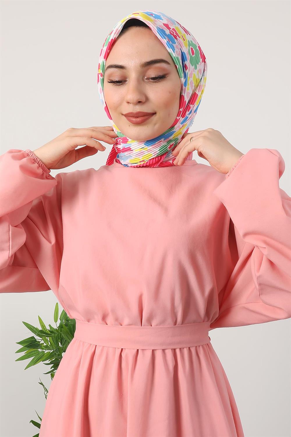 Çiçekli Piliseli Eşarp Pembe