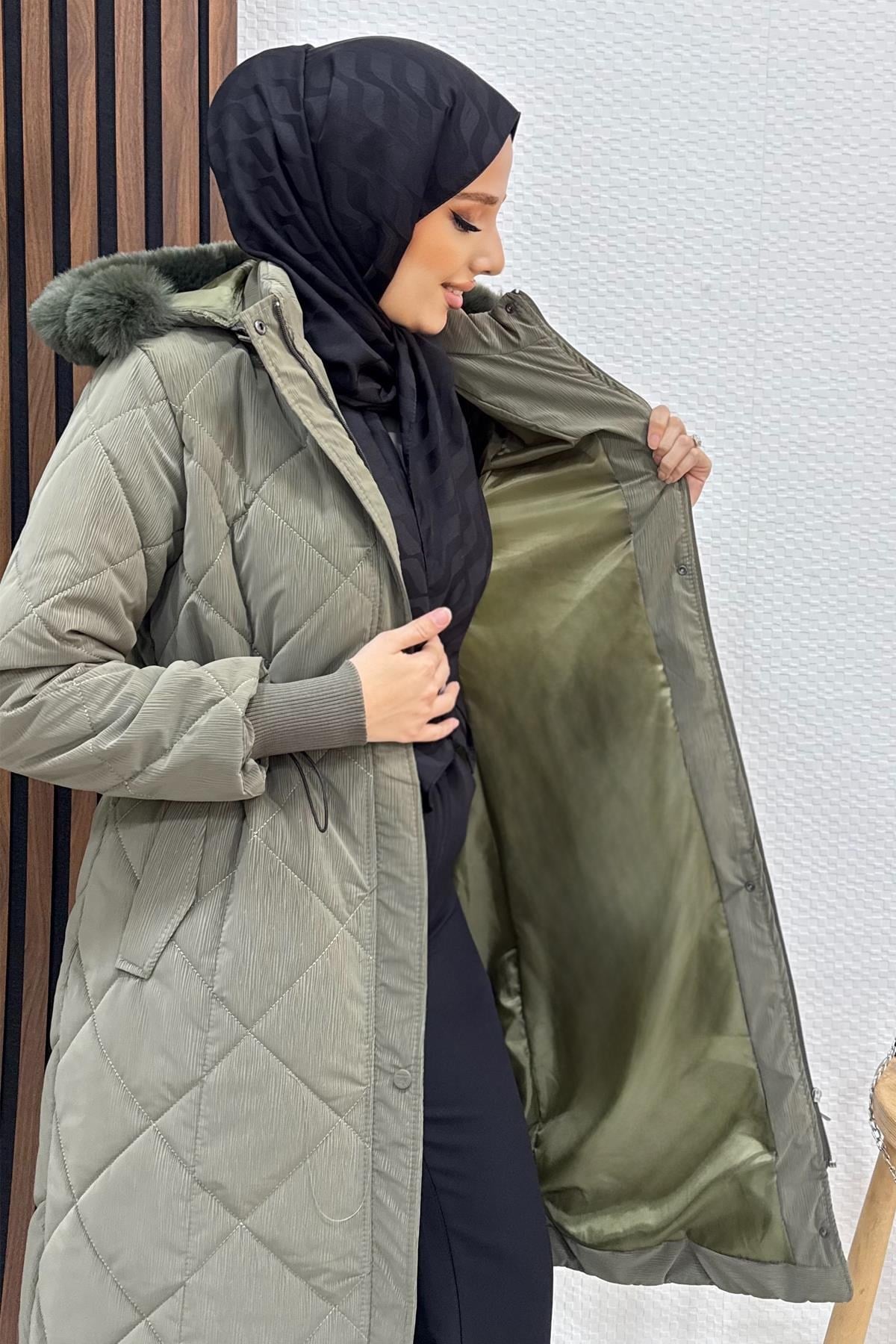 Çizgi Detay Kapitone Mont Haki