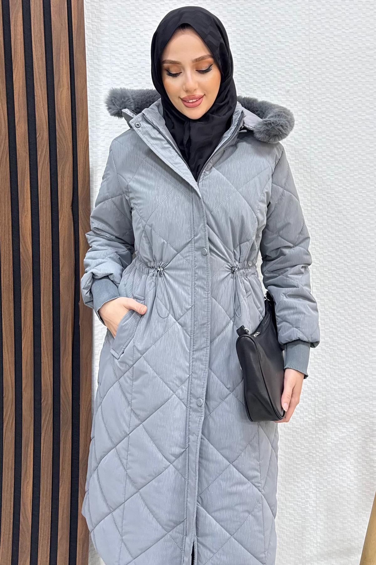 Çizgi Detay Kapitone Mont Koyu Gri