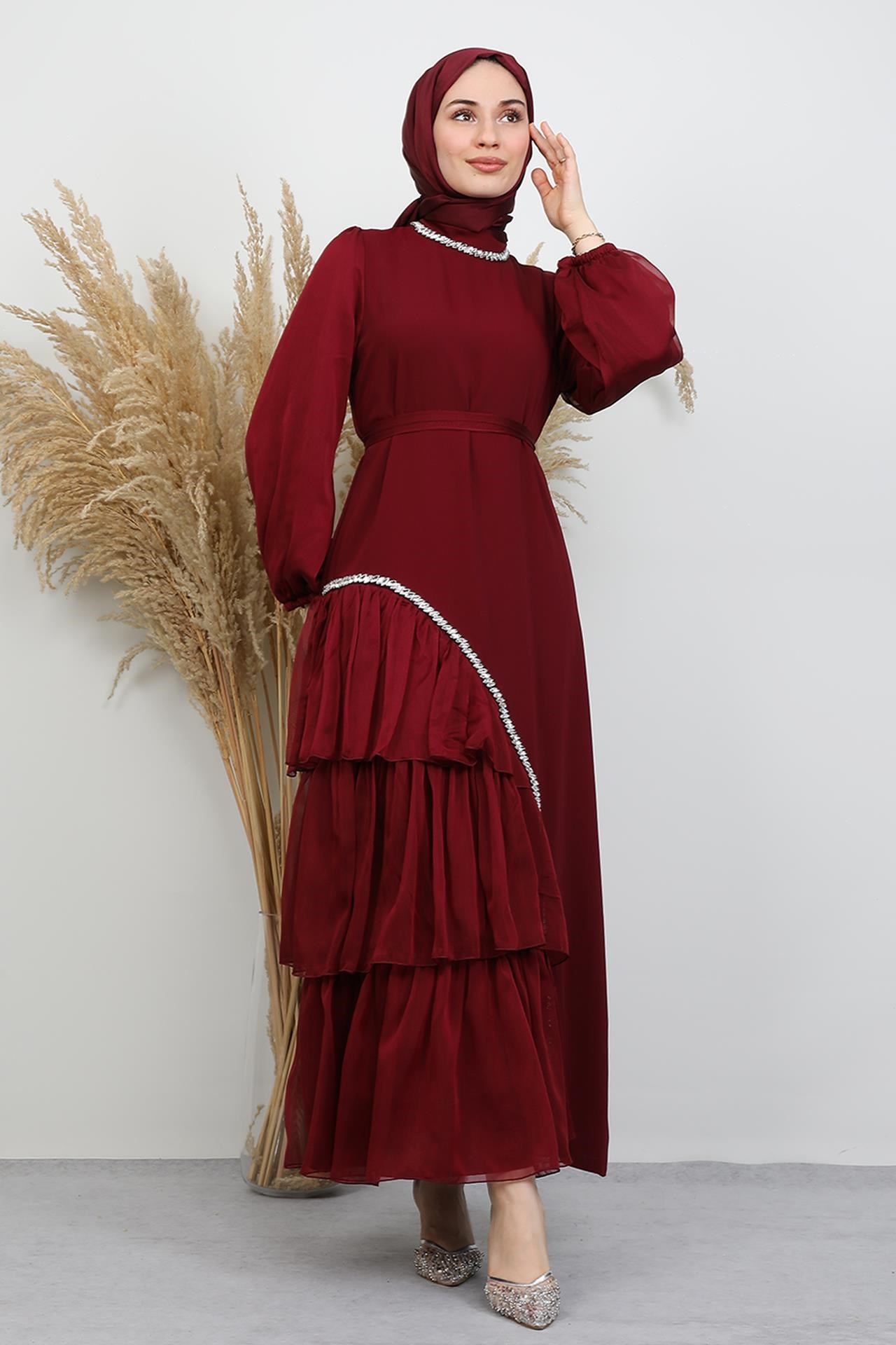 Damla Taş Abiye Bordo